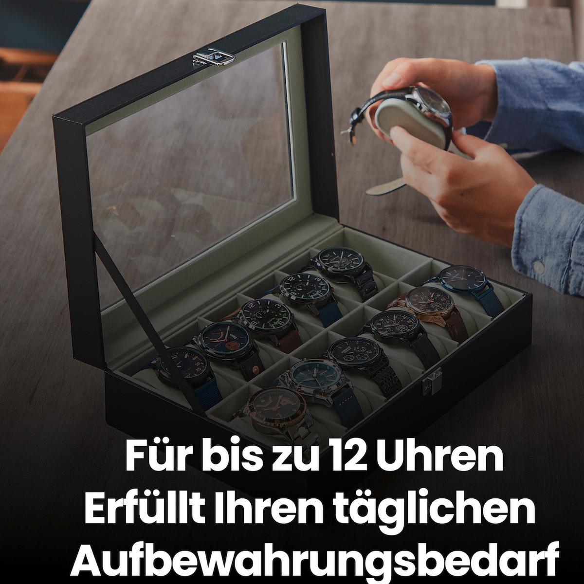 Uhrenbox Schwarz B: 30,2 cm - Schwarz, Basics, Glas/Holzwerkstoff (30,2/7,8/20,2cm)