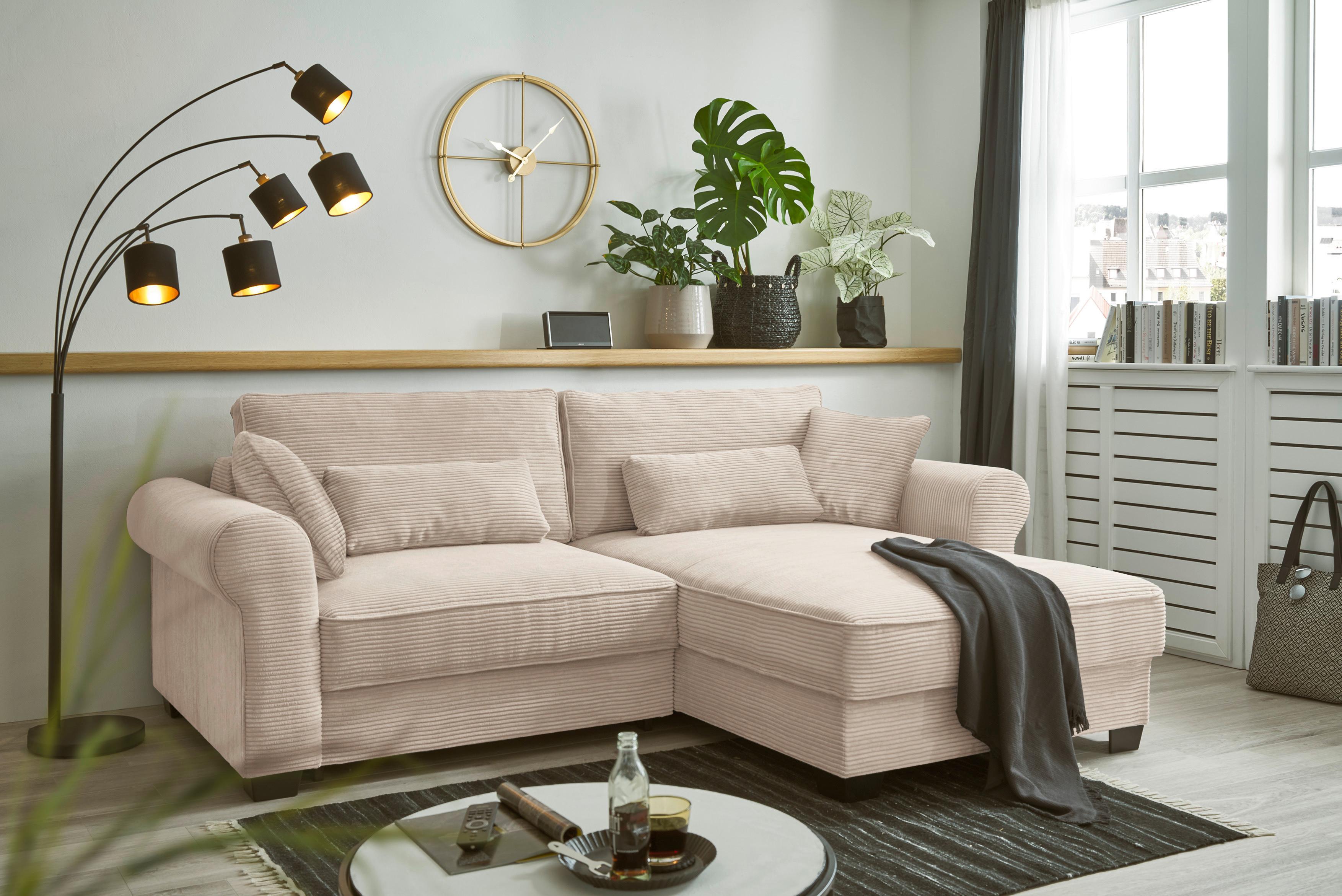 Ecksofa Mit Schlaffunktion Angelina Creme Kord - Creme/Schwarz, Basics, Textil (255/92/185cm) - MID.YOU
