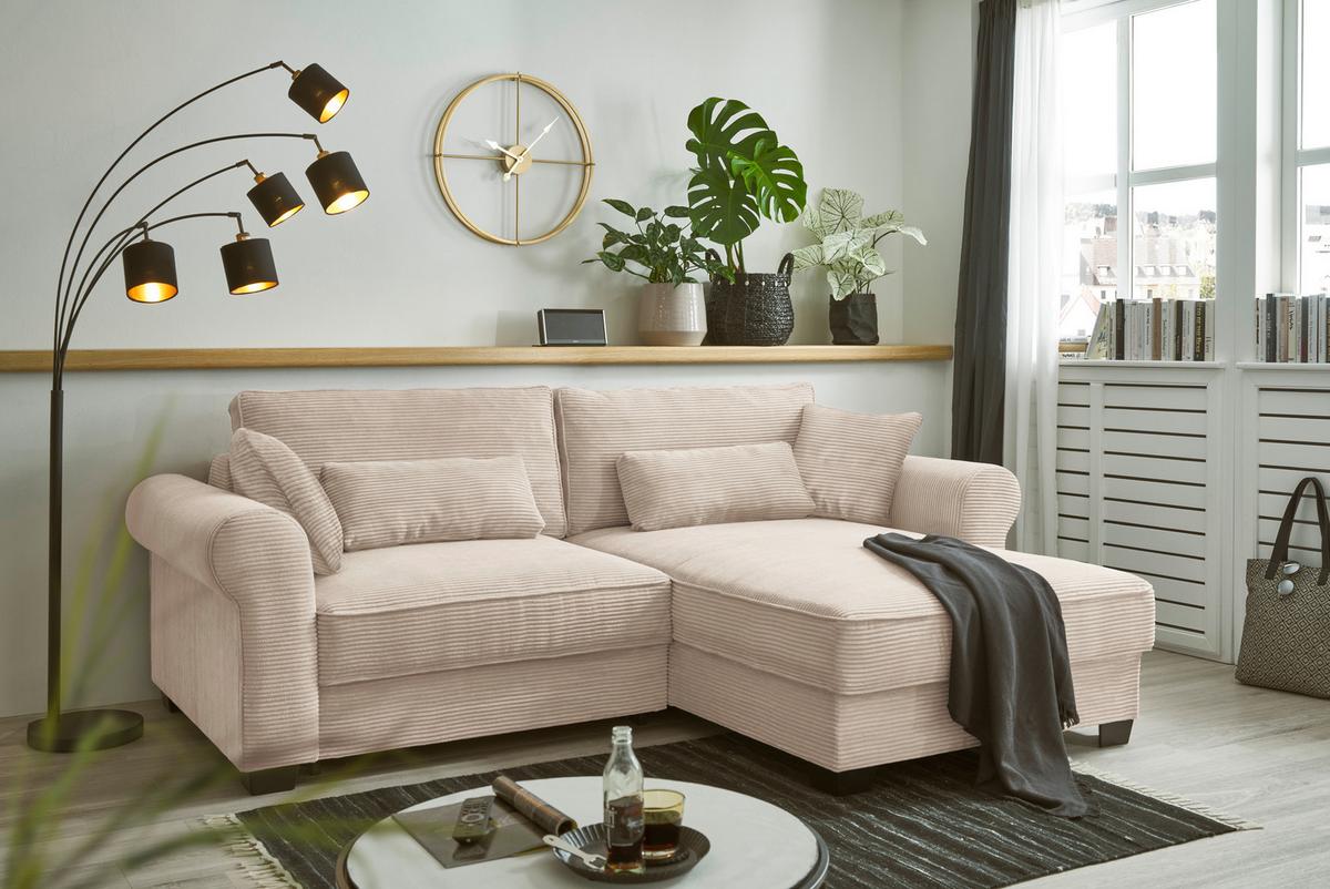 Ecksofa Mit Schlaffunktion Angelina Creme Kord - Creme/Schwarz, Basics, Textil (255/92/185cm) - MID.YOU