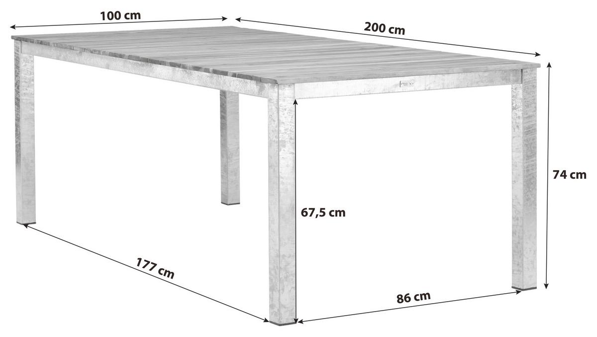 Gartentisch Zenia - Zinkfarben/Akaziefarben, KONVENTIONELL, Holz/Metall (200/100/74cm) - Gardenson