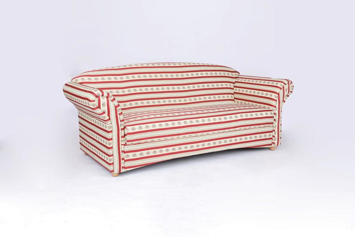 3-Sitzer Loretta,rot gestreift Blumenmuster, ca. 204x83x85 cm - Hellbraun/Bordeaux, Basics, Holz/Textil (204/83/85cm)