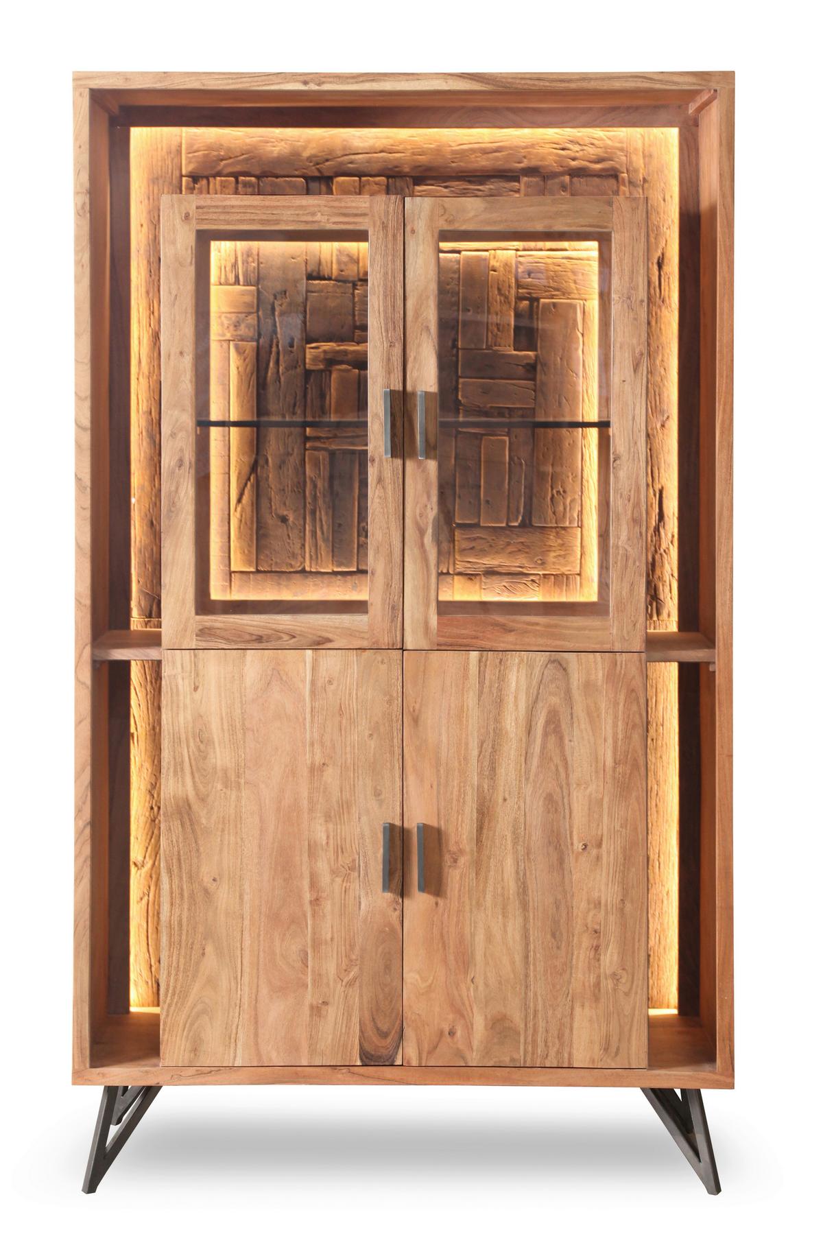 Vitrine Indira Akazie Massiv, B: 115 cm - Schwarz/Akaziefarben, ROMANTIK / LANDHAUS, Glas/Holz (115/195/40cm)