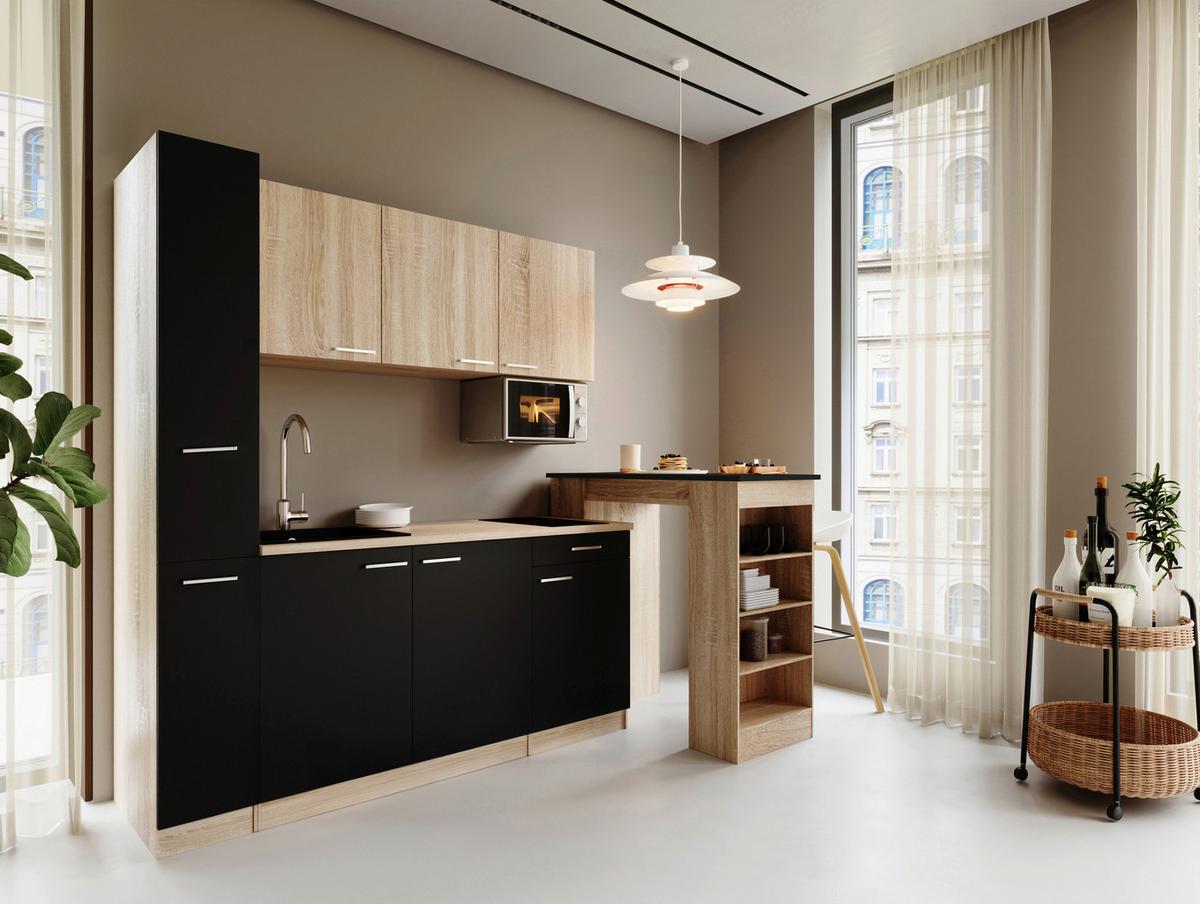 KÜCHENBLOCK Ingrid, Schwarz B: 180 cm - Eichefarben/Schwarz, Design, Holzwerkstoff (180cm) - Respekta