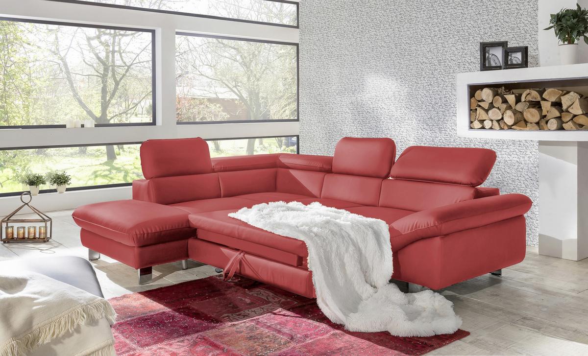 Ecksofa Mit Schlaffunktion Driver Rot Lederlook - Chromfarben/Rot, MODERN, Textil (214/266cm) - MID.YOU