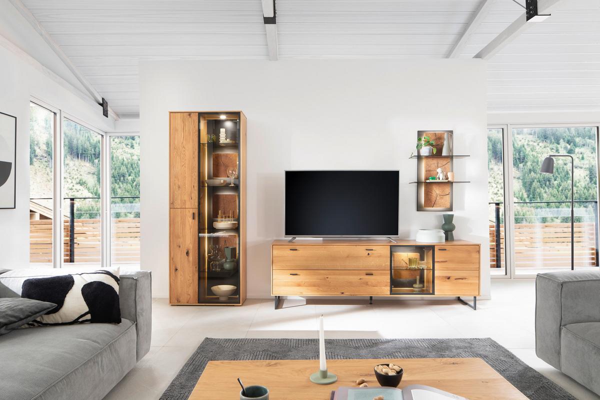 Wohnwand Assini Wildeiche B: 306 cm - Wildeiche/Schwarz, Design, Glas/Holz (306/206/50cm) - MID.YOU