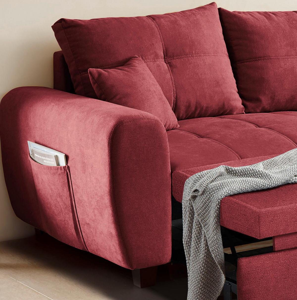 Ecksofa Mit Schlaffunktion + Kissen Lea, Polyester-Nylon - Beere/Schwarz, Basics, Holzwerkstoff/Textil (248/176cm) - MID.YOU