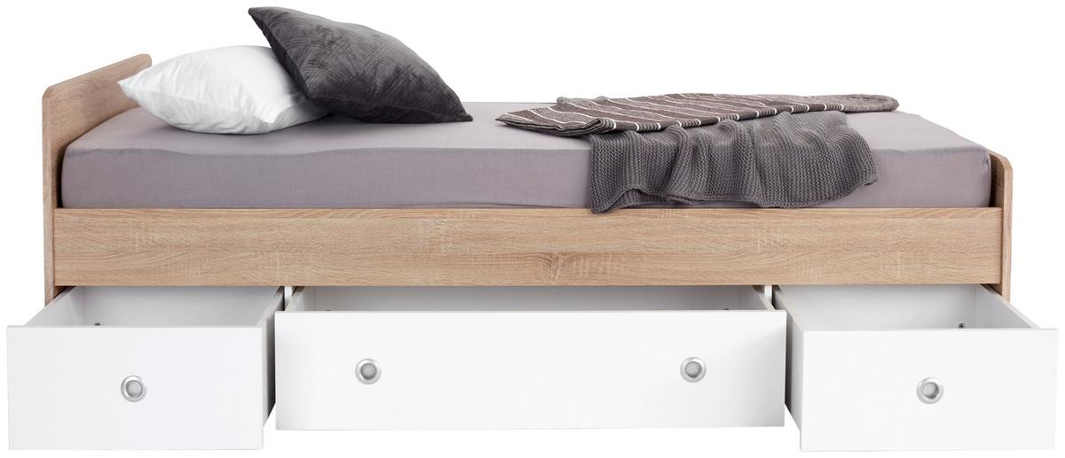 Stauraumbett Wiki 90x200 Eiche/weiß - Weiß/Sonoma Eiche, KONVENTIONELL, Holzwerkstoff (204/66/95cm)
