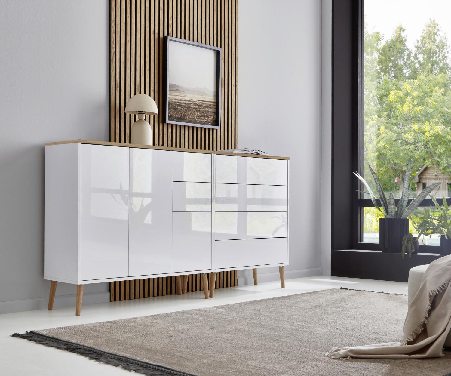 Sideboard Mailand 9 B:184,5cm Weiß/Eiche - Weiß Hochglanz/Eiche Artisan, MODERN, Holzwerkstoff (184,5/86/33cm) - MID.YOU