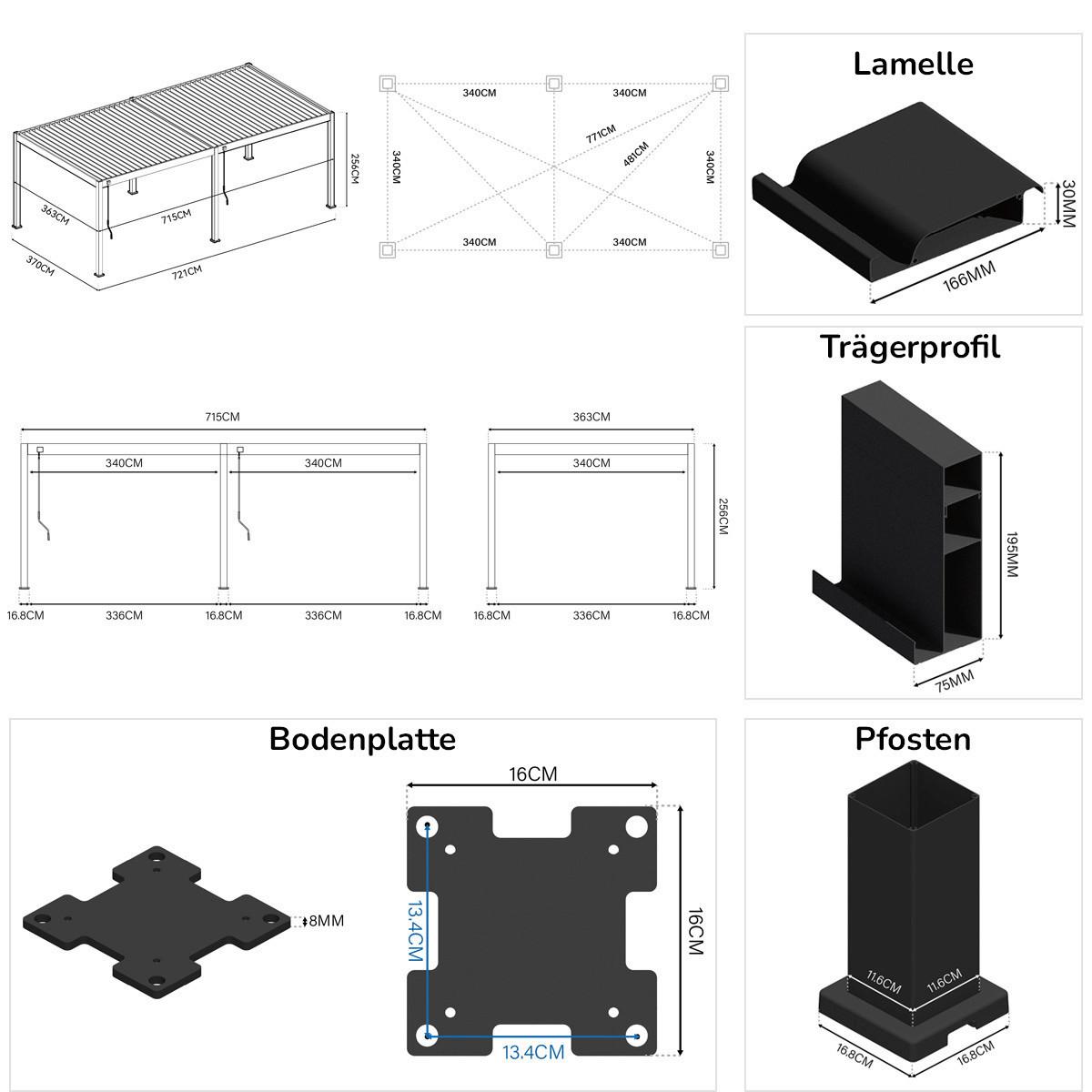 Pergola 360x720 Cm Wetterbeständig, Graphitfarben - Graphitfarben, Basics, Metall (360/720/255cm)