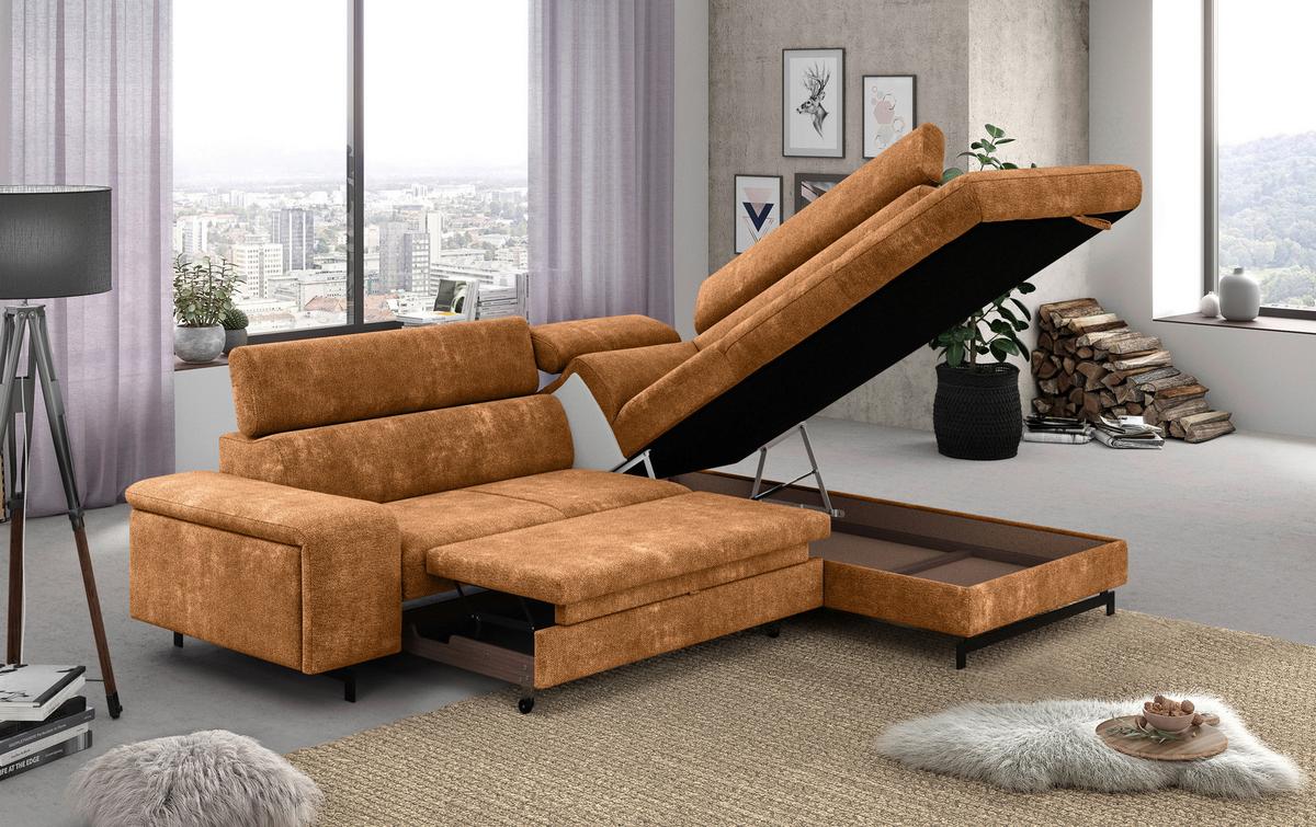 Ecksofa mit Bettkasten Emma Cognac 262x215 cm - Cognac/Schwarz, Textil (262/215cm) - MID.YOU