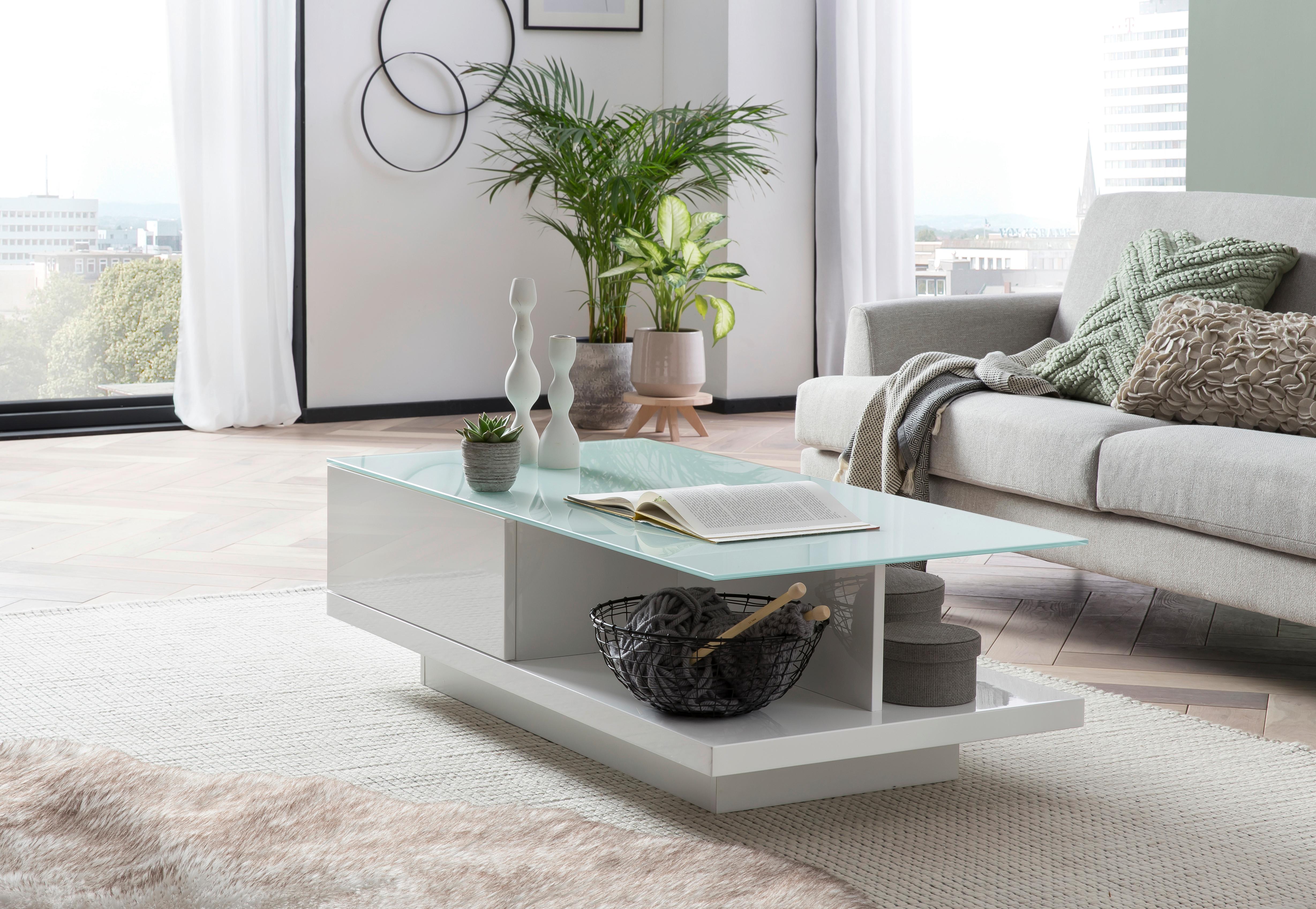 Couchtisch Weiß Hochglanz L: 120 cm - Weiß Hochglanz/Weiß, Design, Glas/Holzwerkstoff (120/60/36cm) - Livetastic