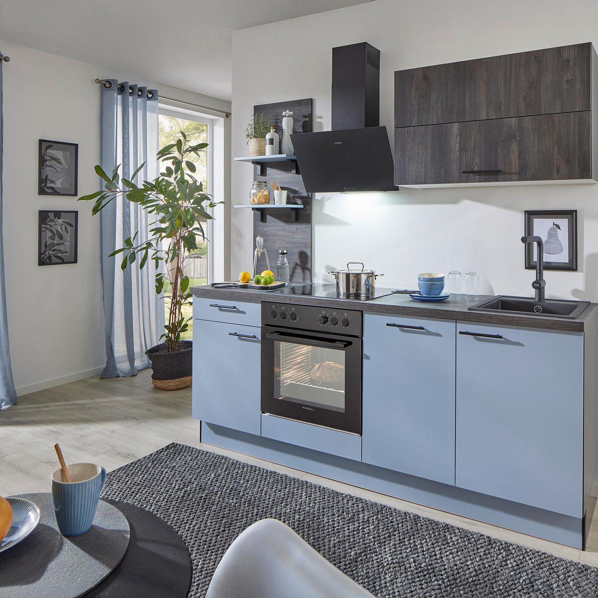 Küchenblock Pn105 / Pn 100 - Eiche dunkel/Pastellblau, Basics, Holzwerkstoff (205cm) - Pino