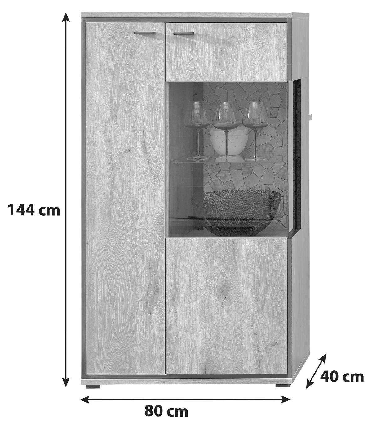 Vitrine Ruben - Eichefarben/Schwarz, KONVENTIONELL, Glas/Holzwerkstoff (80/144/40cm) - Livetastic