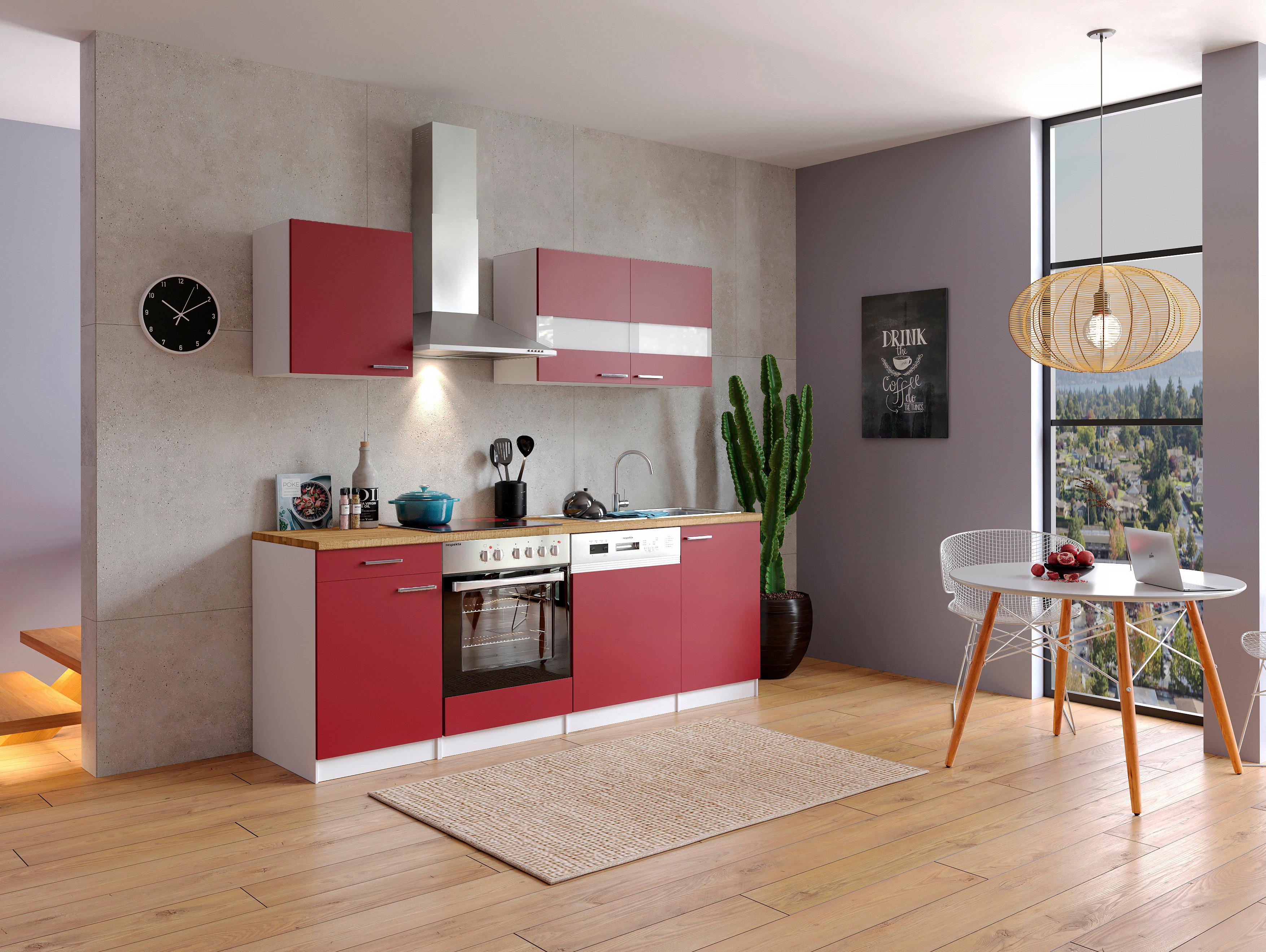 Küchenzeile Economy mit Geräten 220 cm Rot/Nussbaum Dekor - Rot/Nussbaumfarben, Basics, Holzwerkstoff (220cm) - Respekta