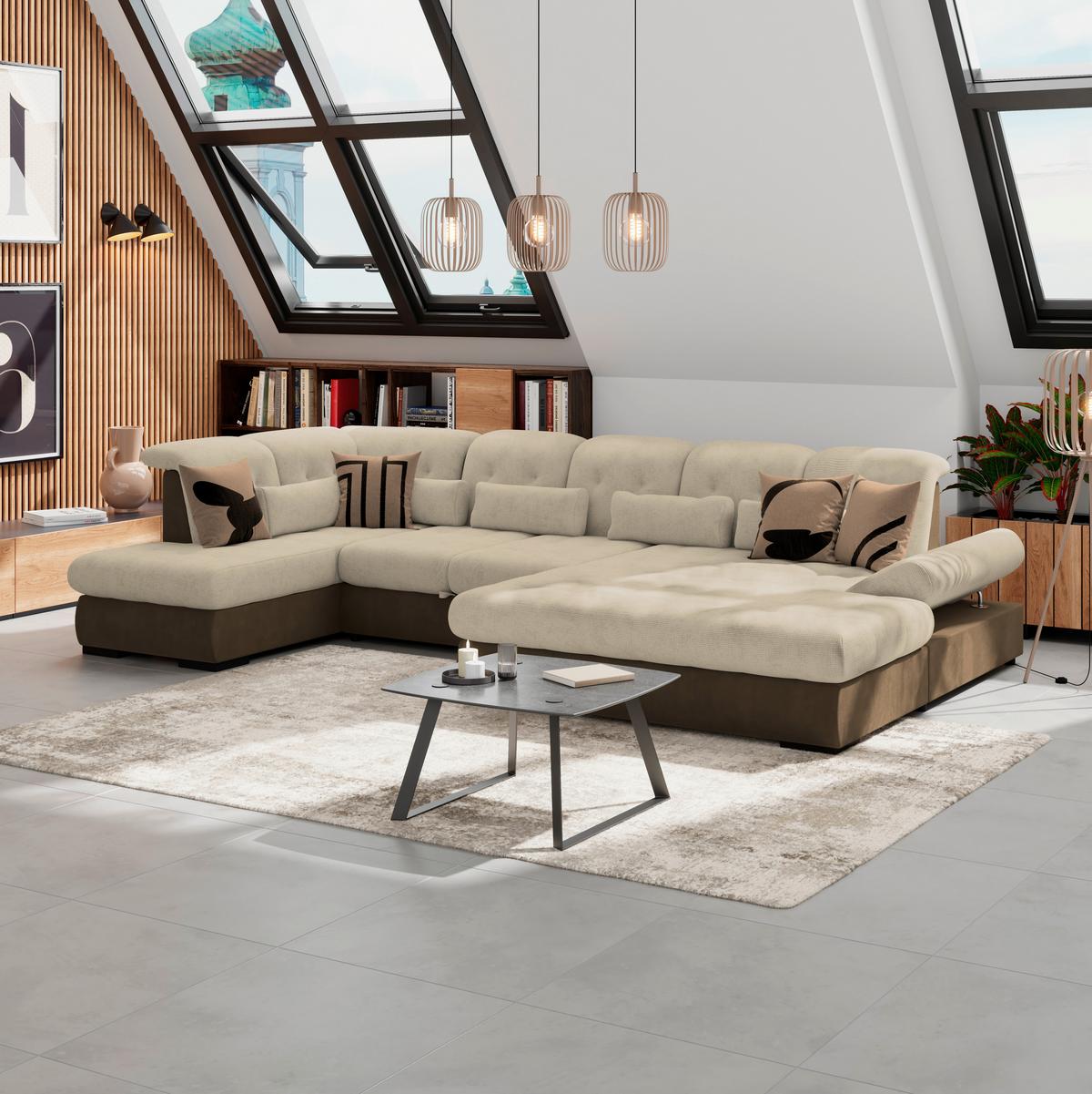 Wohnlandschaft Madera Mit Schlaffunktion Creme - Hellbraun/Creme, KONVENTIONELL, Kunststoff/Textil (212/358/190cm)