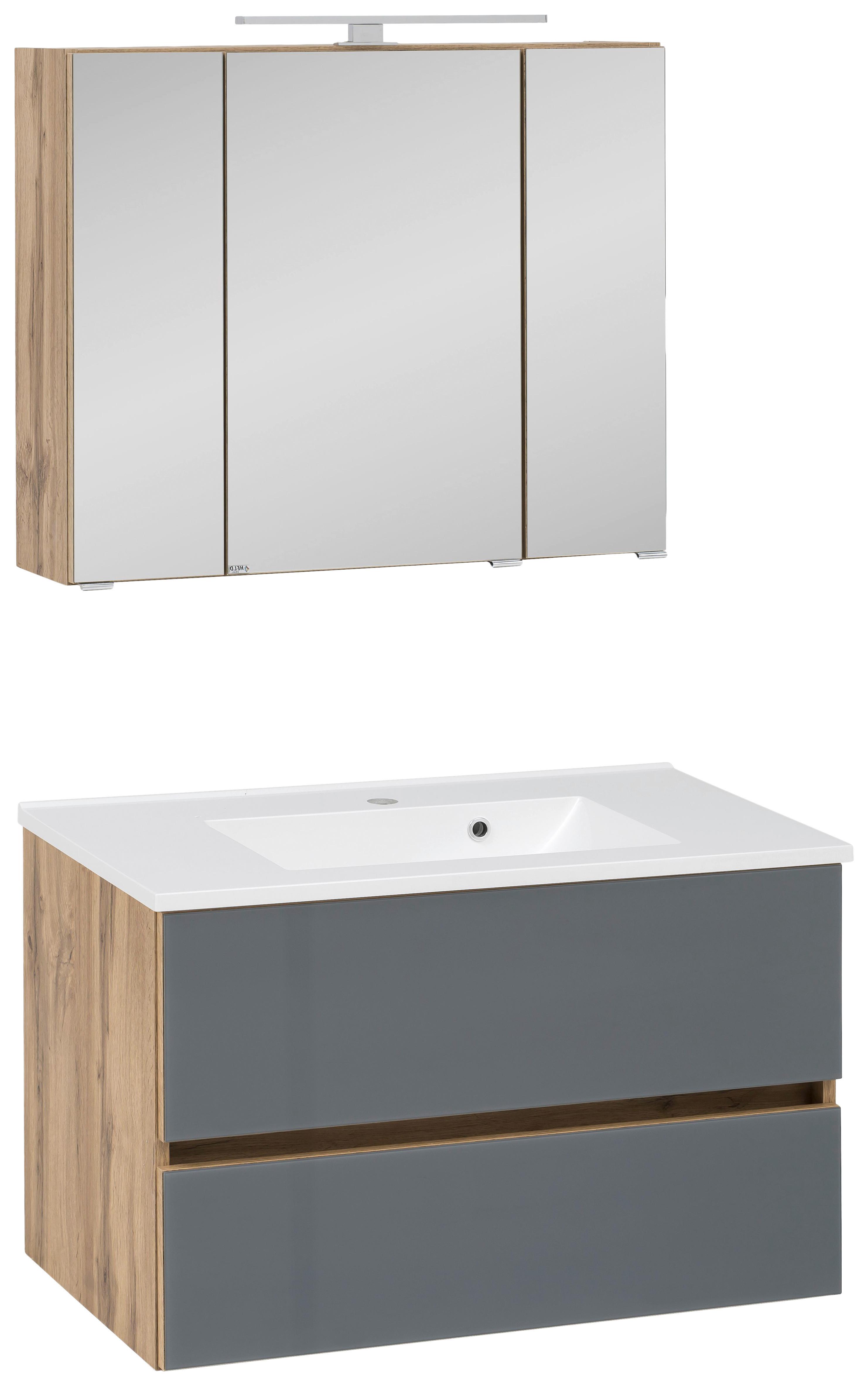 Badmöbel-Set 3-Tlg. inkl. LED Helsinki B: 80 cm, Grau/Eiche - Eichefarben/Weiß, KONVENTIONELL, Glas/Holzwerkstoff (80cm) - Held