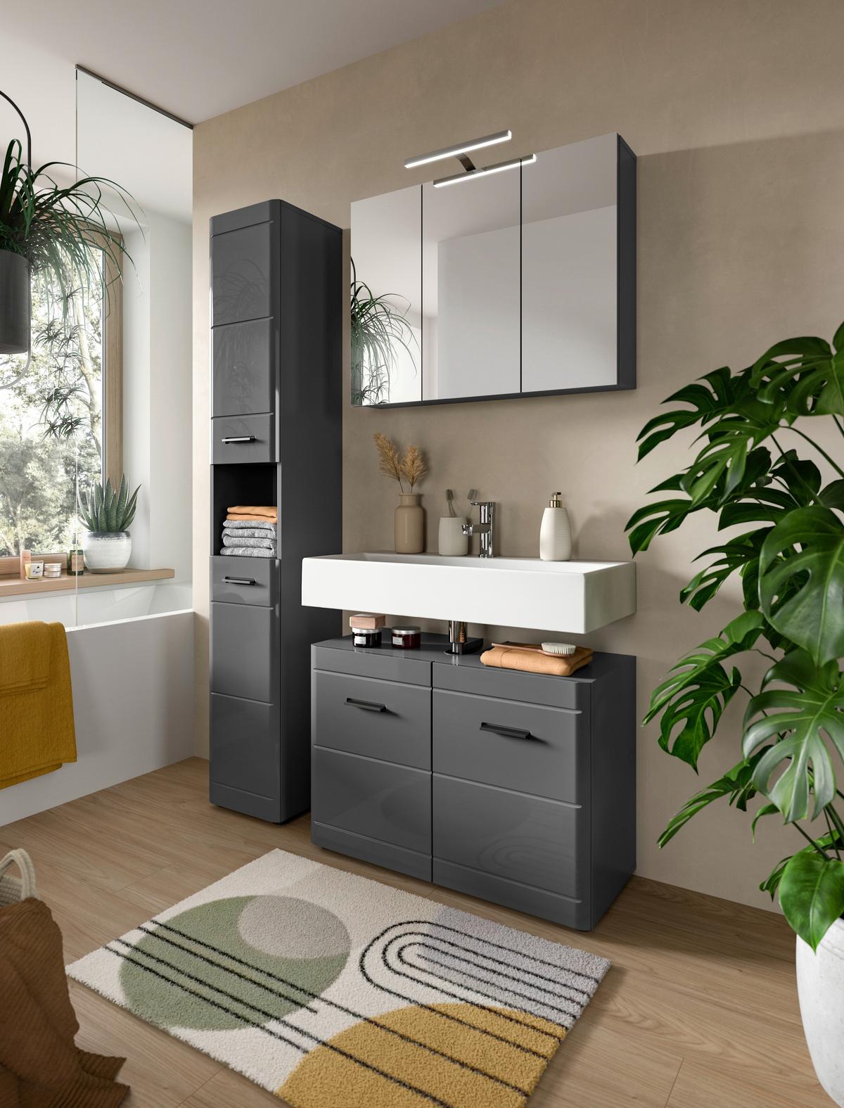 Badezimmer Soft Grau Hg B: 110 Cm - Grau Hochglanz/Schwarz, MODERN, Holzwerkstoff (110cm) - MID.YOU