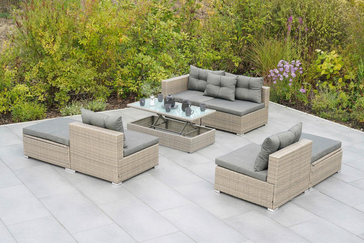 Loungegarnitur 7-Tlg. Vilemanzano aus Kunststoff - Naturfarben/Grau, MODERN, Glas/Kunststoff - Gardenson