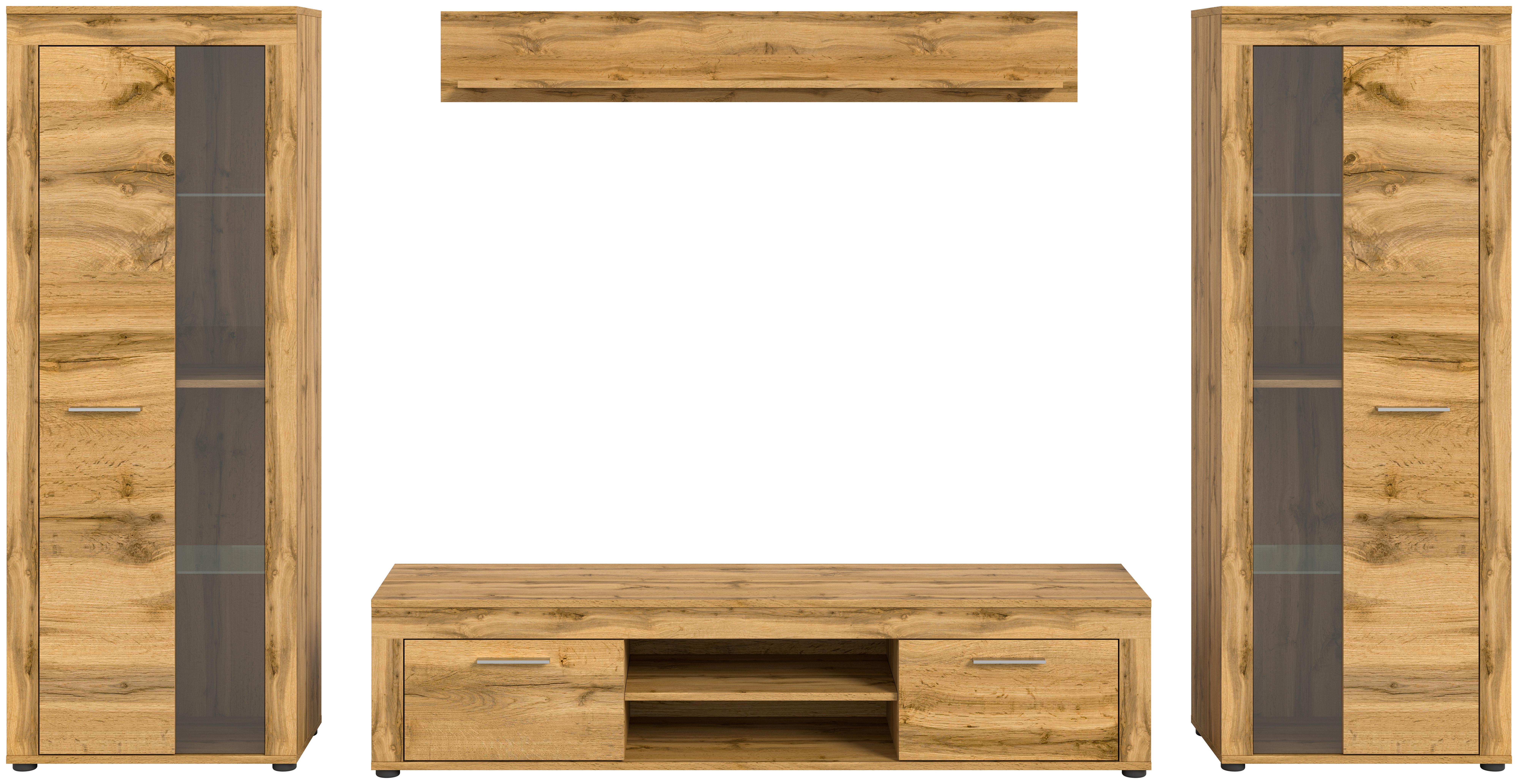 Wohnwand Jam Eiche Wotan Dekor B: 310cm - Eiche Wotan/Schwarz, Design, Glas/Holzwerkstoff (310/159/35cm) - MID.YOU