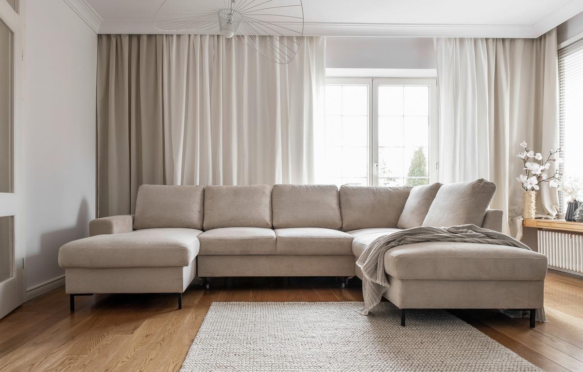 Sedačka LEONIE U, pravá, béžový menčester - čierna/béžová, Design, kov/drevo (148/303/197cm)