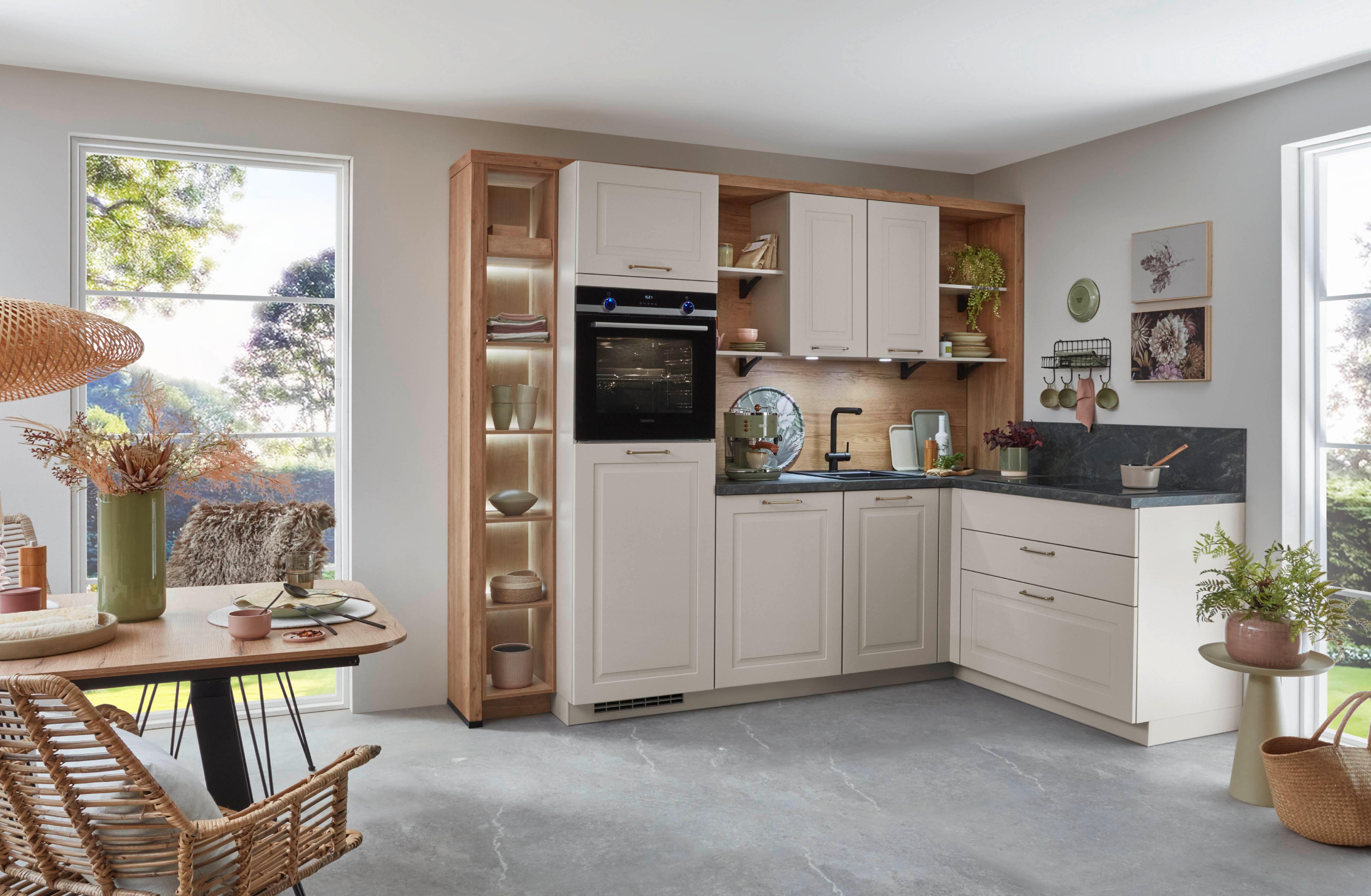 Eckküche Springfield - Sandfarben/Grasgrün, ROMANTIK / LANDHAUS, Holzwerkstoff (270/165cm) - Vertico