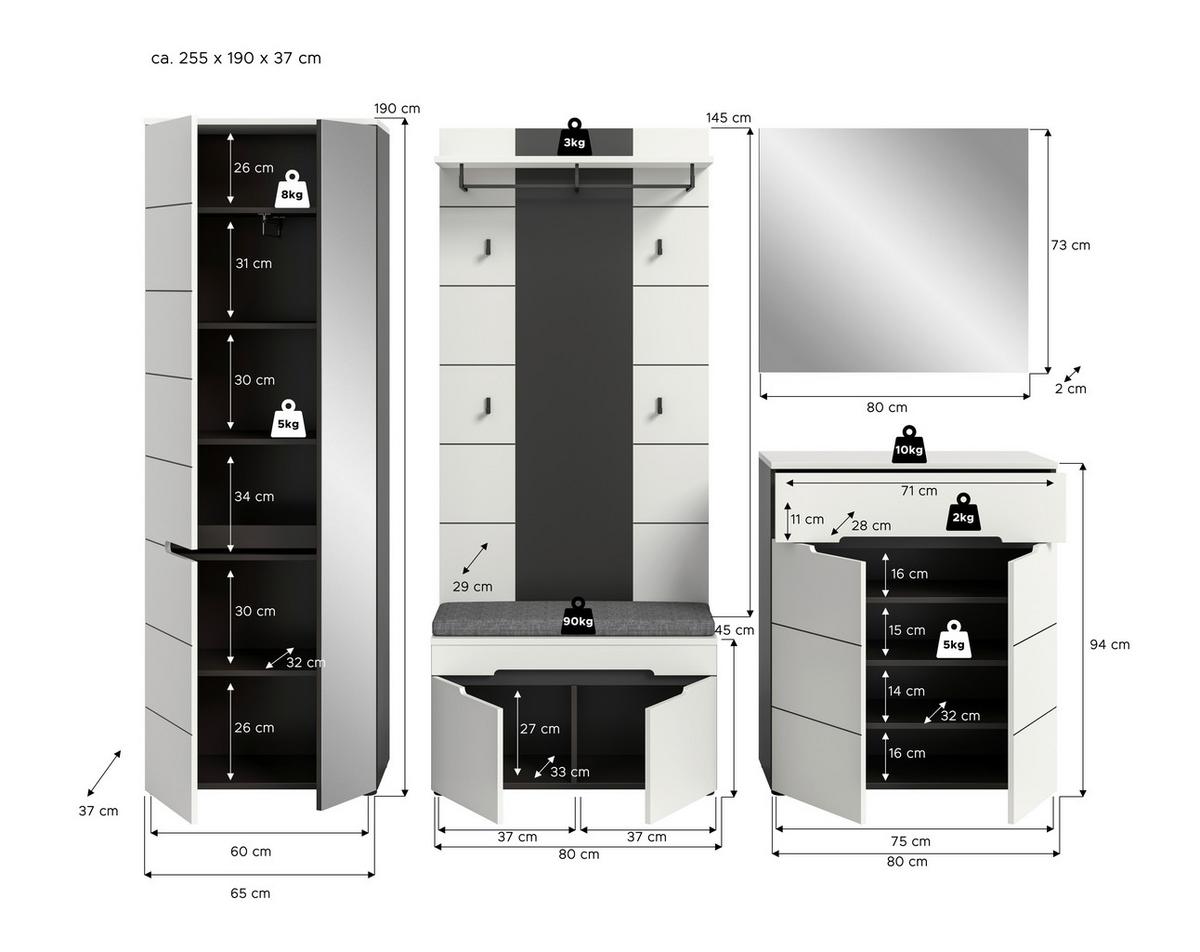 Garderobe Canu 6-Teilig Weiß/Basalt Grau B: 255 cm - Weiß, Design, Holzwerkstoff (255/190/37cm) - Livetastic