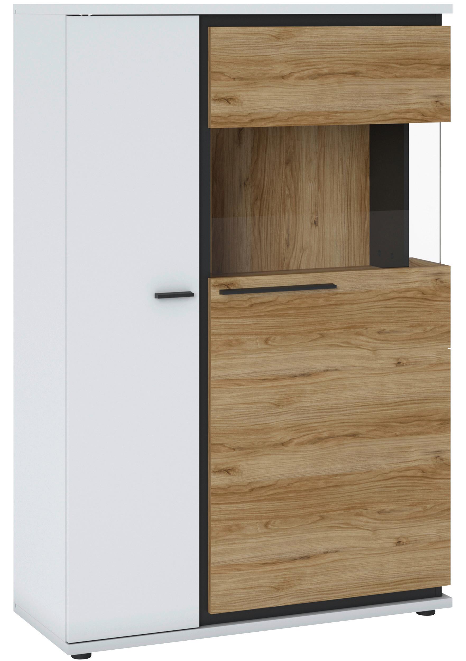Vitrine Salinas Weiß Eichefarben/Glasfront Rechts - Eichefarben/Schwarz, Trend, Glas/Holzwerkstoff (93/139,8/37cm)