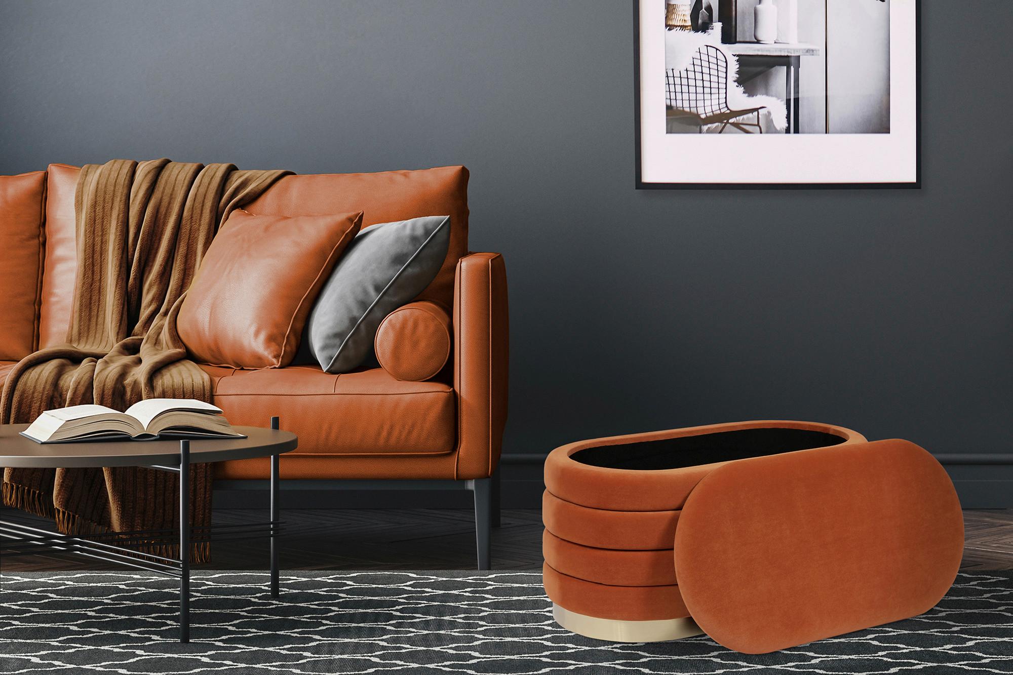 Lavice s úložním prostorem oranžová - oranžová/barvy zlata, Design, kov/kompozitní dřevo (42/42/80cm) - MID.YOU
