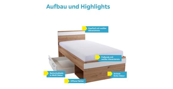 Stauraumbett 90x200 cm Box, Artisan Eiche Dekor/Weiß - Blau/Eichefarben, MODERN, Holzwerkstoff (90/200cm) - Ondega