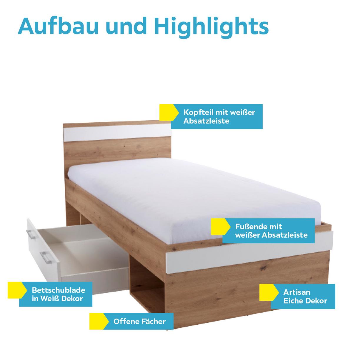 Stauraumbett 90x200 cm Box, Artisan Eiche Dekor/Weiß - Blau/Eichefarben, MODERN, Holzwerkstoff (90/200cm) - Ondega