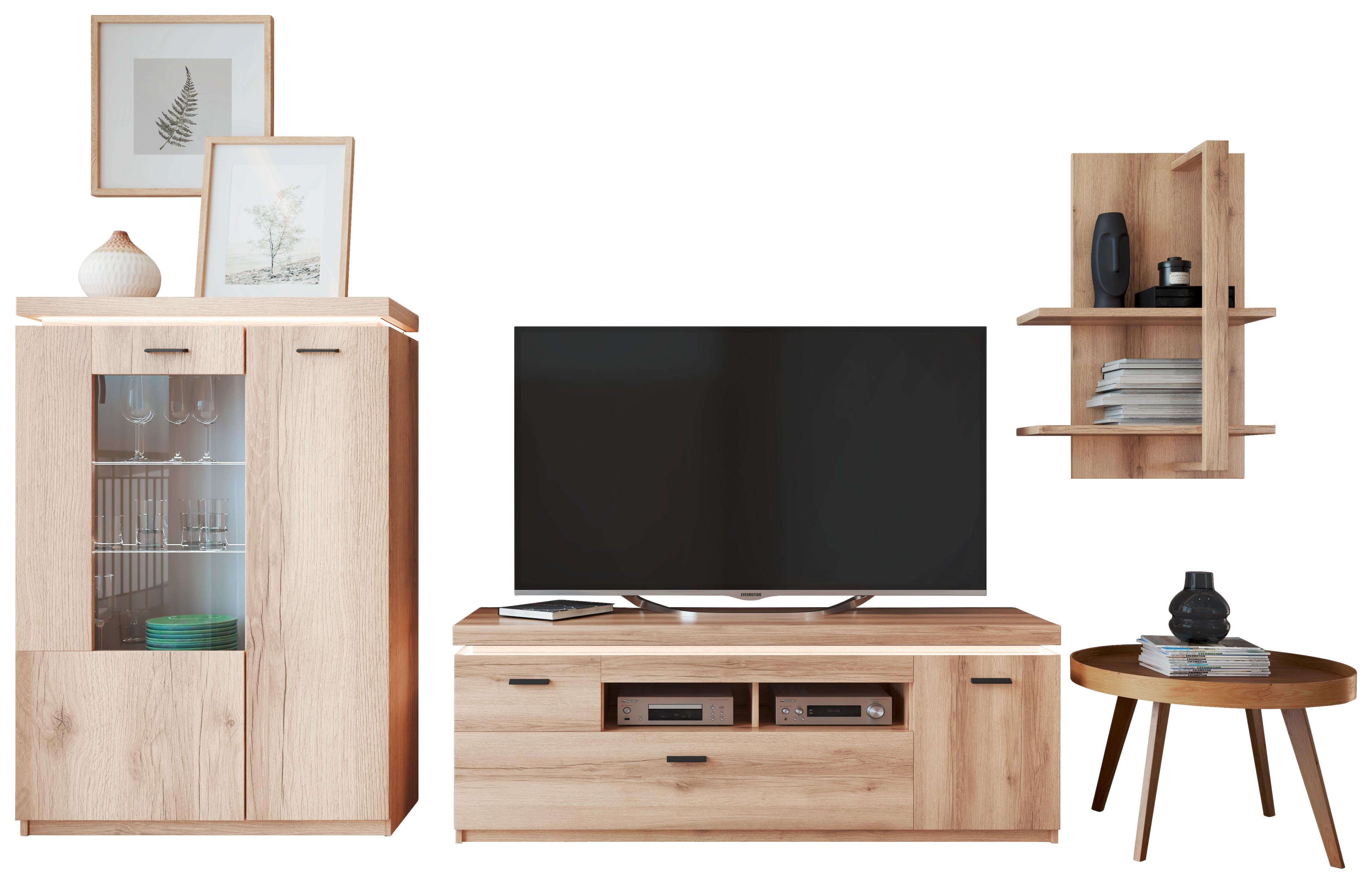 Wohnkombination Modern 3 -teilig. Mit Led Vancouver, Eiche Dekor - Eichefarben, MODERN, Glas/Holzwerkstoff (254/198/44cm)