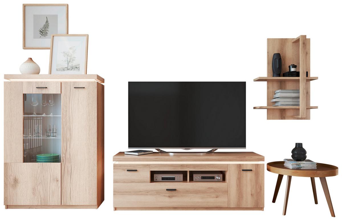 Wohnkombination Modern 3 -teilig. Mit Led Vancouver, Eiche Dekor - Eichefarben, MODERN, Glas/Holzwerkstoff (254/198/44cm)