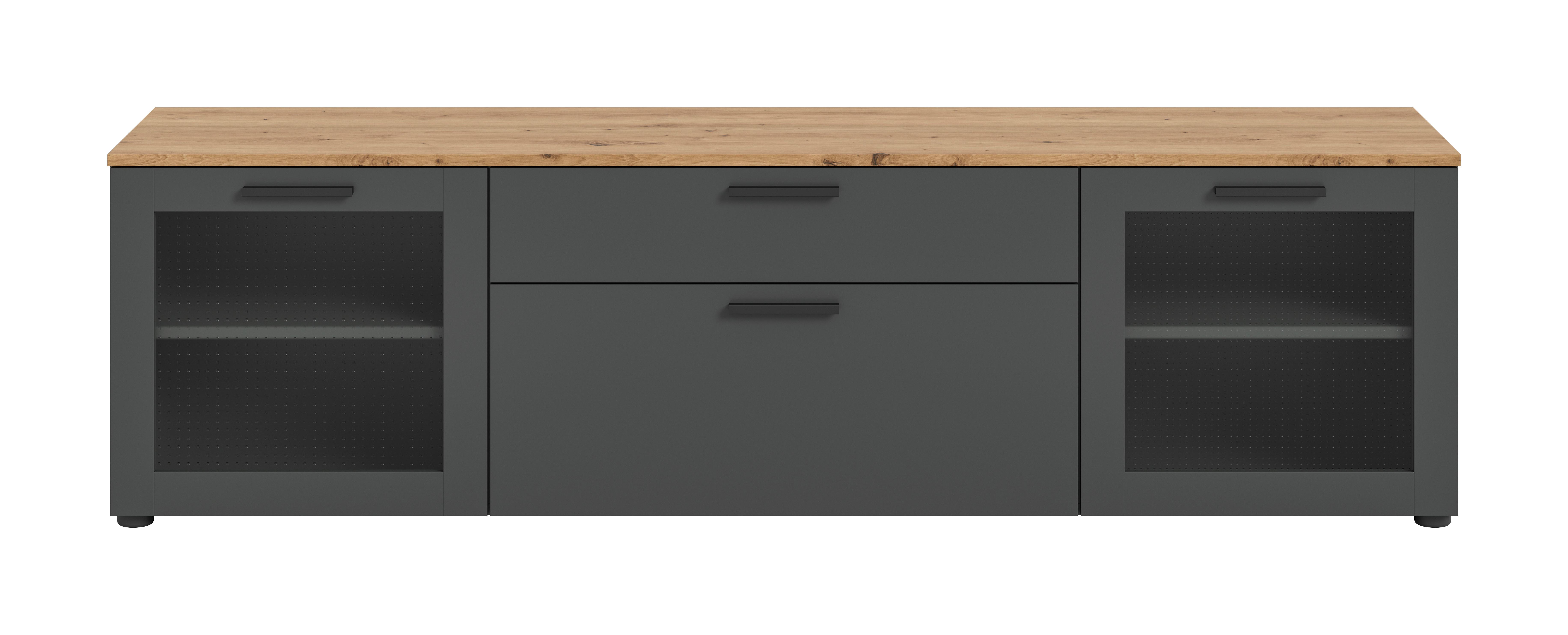 Lowboard Niklas Grau/Eiche Dekor B: 185 cm - Schwarz/Eiche Artisan, Design, Glas/Holzwerkstoff (185/52/40cm) - MID.YOU