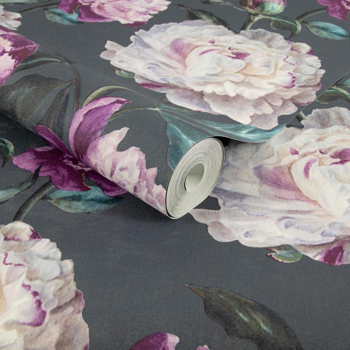 VLIESTAPETE PEONY ANTHRAZIT/LILA - Anthrazit/Lila, Basics, Papier/Kunststoff (52/1005cm)