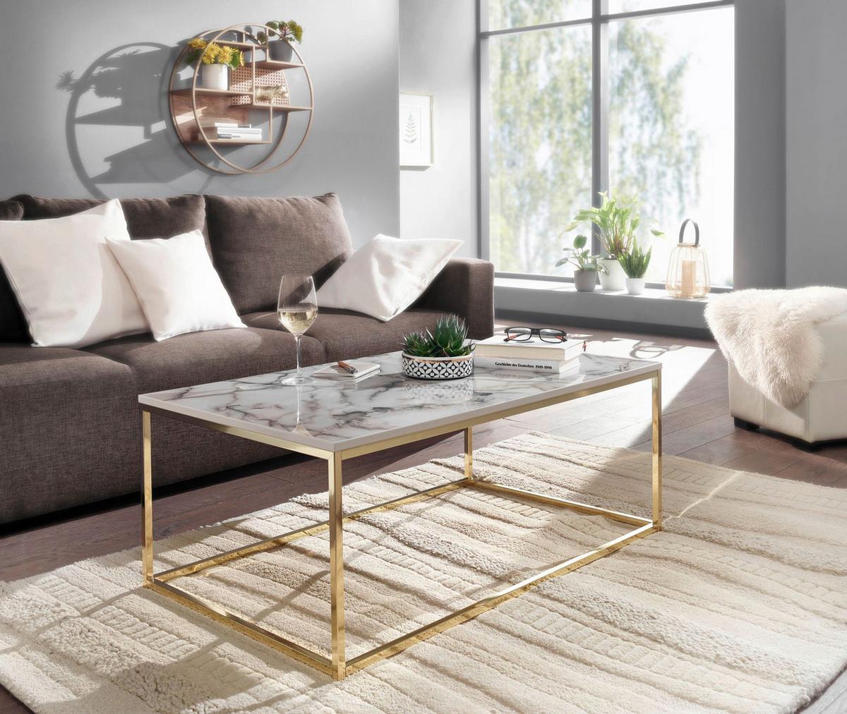 Konferenční stolek vzhled mramoru š: 100cm - bílá/barvy zlata, Moderní, kov/kompozitní dřevo (100/60/40cm) - MID.YOU
