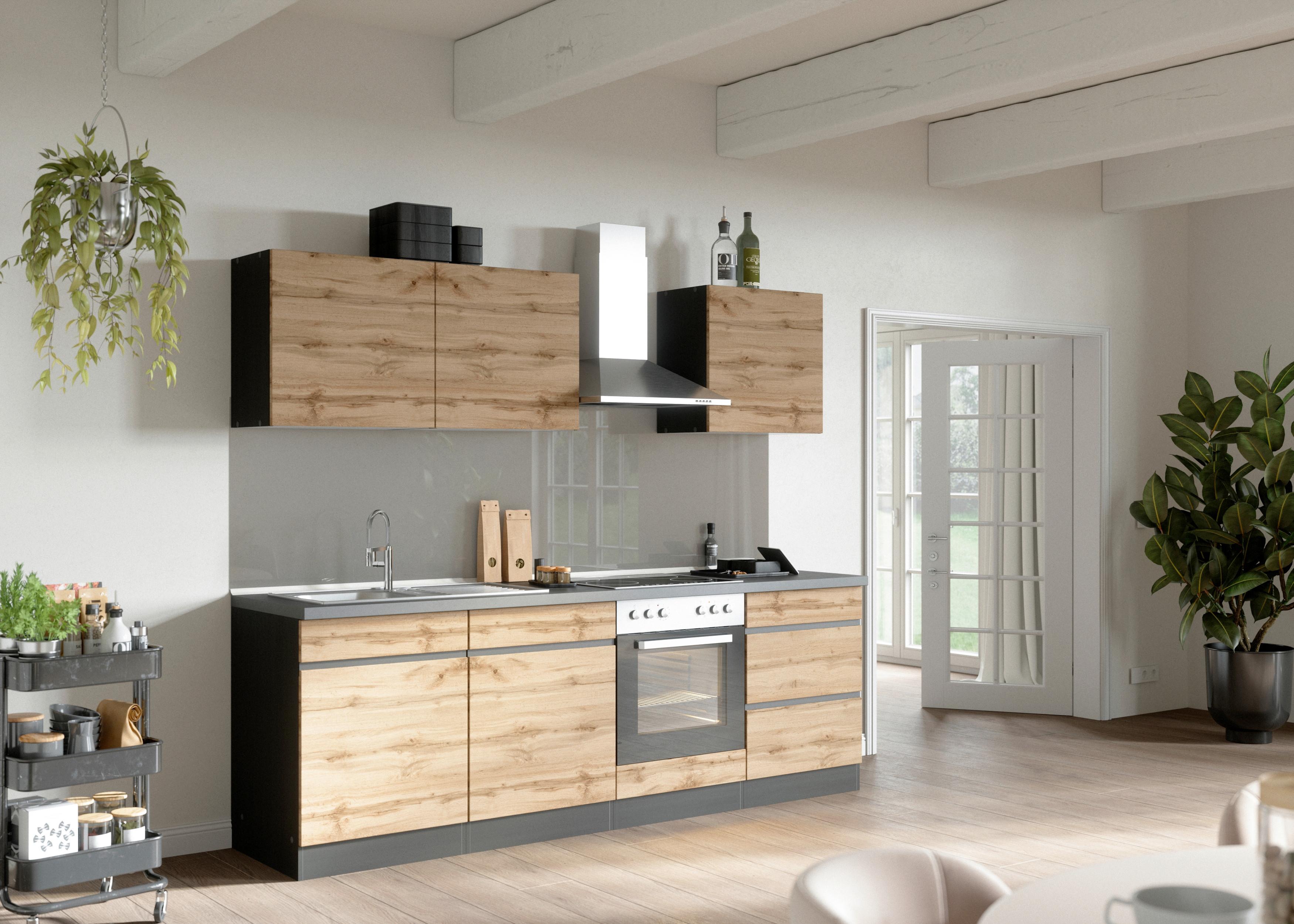 Küchenzeile Turin ohne Geräte 240 cm Graphitfarben/Eichef. - Eiche Wotan/Graphitfarben, Design, Holz/Holzwerkstoff (240cm) - Held