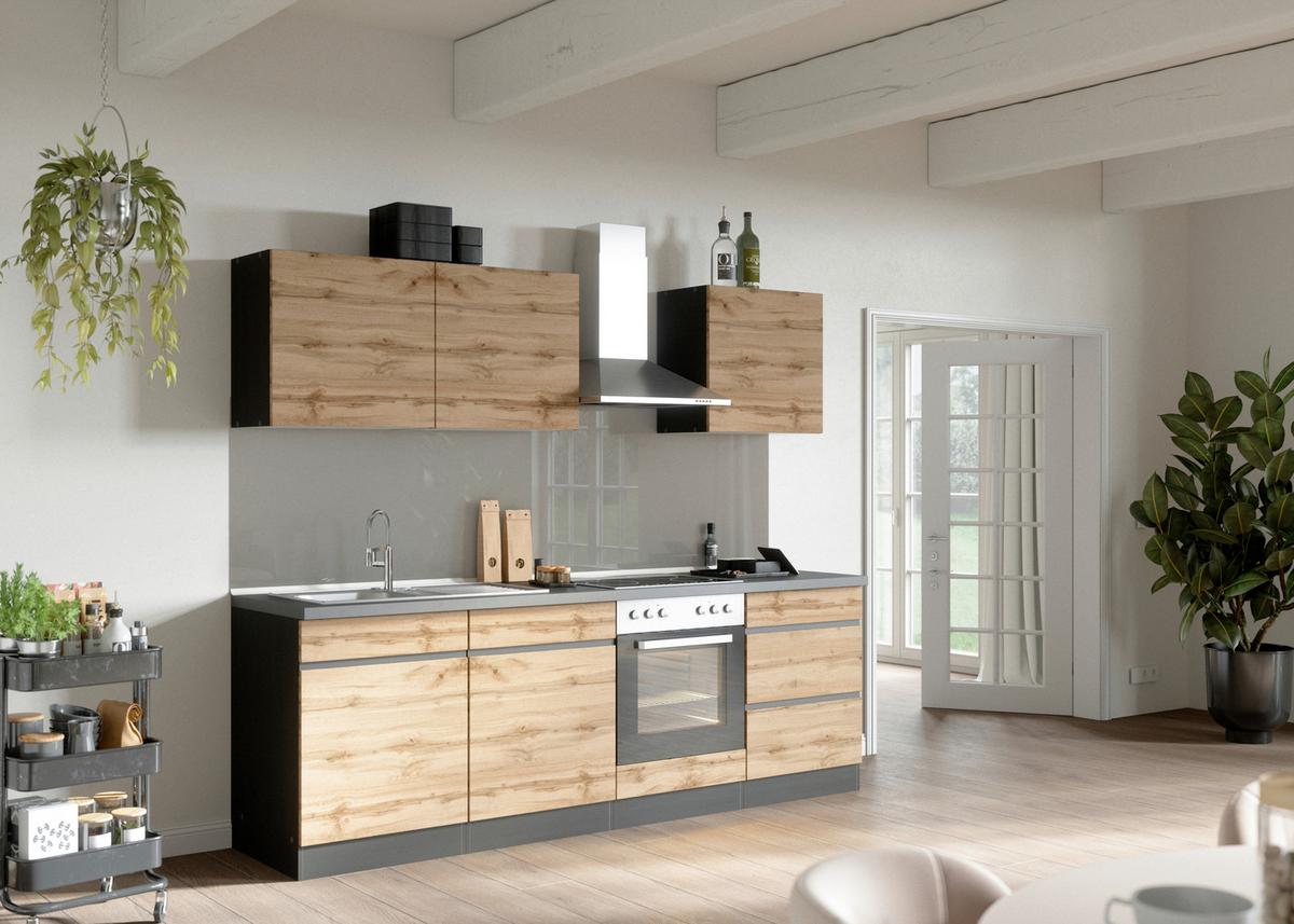 Küchenzeile Turin mit Geräten B: 240 cm Graphitfarben/Eiche - Eiche Wotan/Graphitfarben, Design, Holzwerkstoff (240cm) - Held