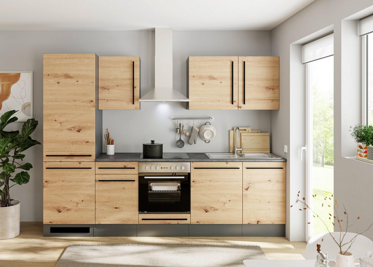 Küchenzeile Jazz mit Geräten 280 cm Anthrazit/Eiche - Anthrazit/Eiche Artisan, LIFESTYLE, Holzwerkstoff (280cm) - P & B