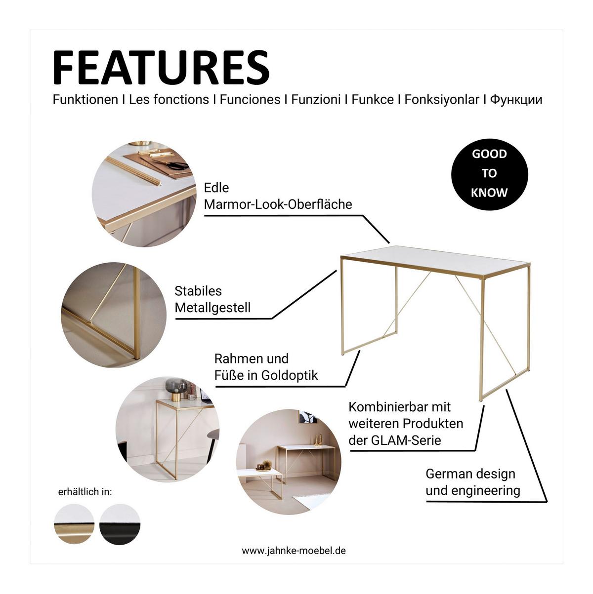 Schreibtisch Glam Desk - Klar/Goldfarben, KONVENTIONELL, Glas/Metall (120/60/73cm) - Livetastic