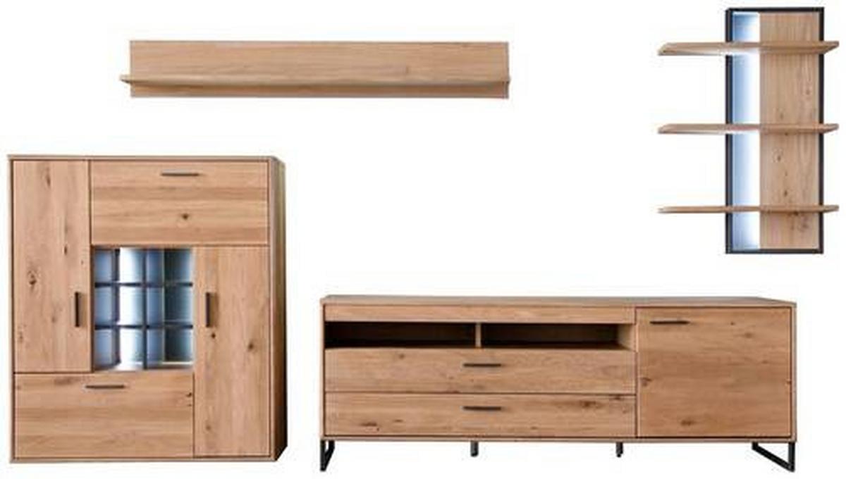 Wohnkombination teilmassiv 4--teilig. Portland Eichefarben - Eichefarben/Schwarz, Design, Holz/Holzwerkstoff (338/204/50cm) - Livetastic