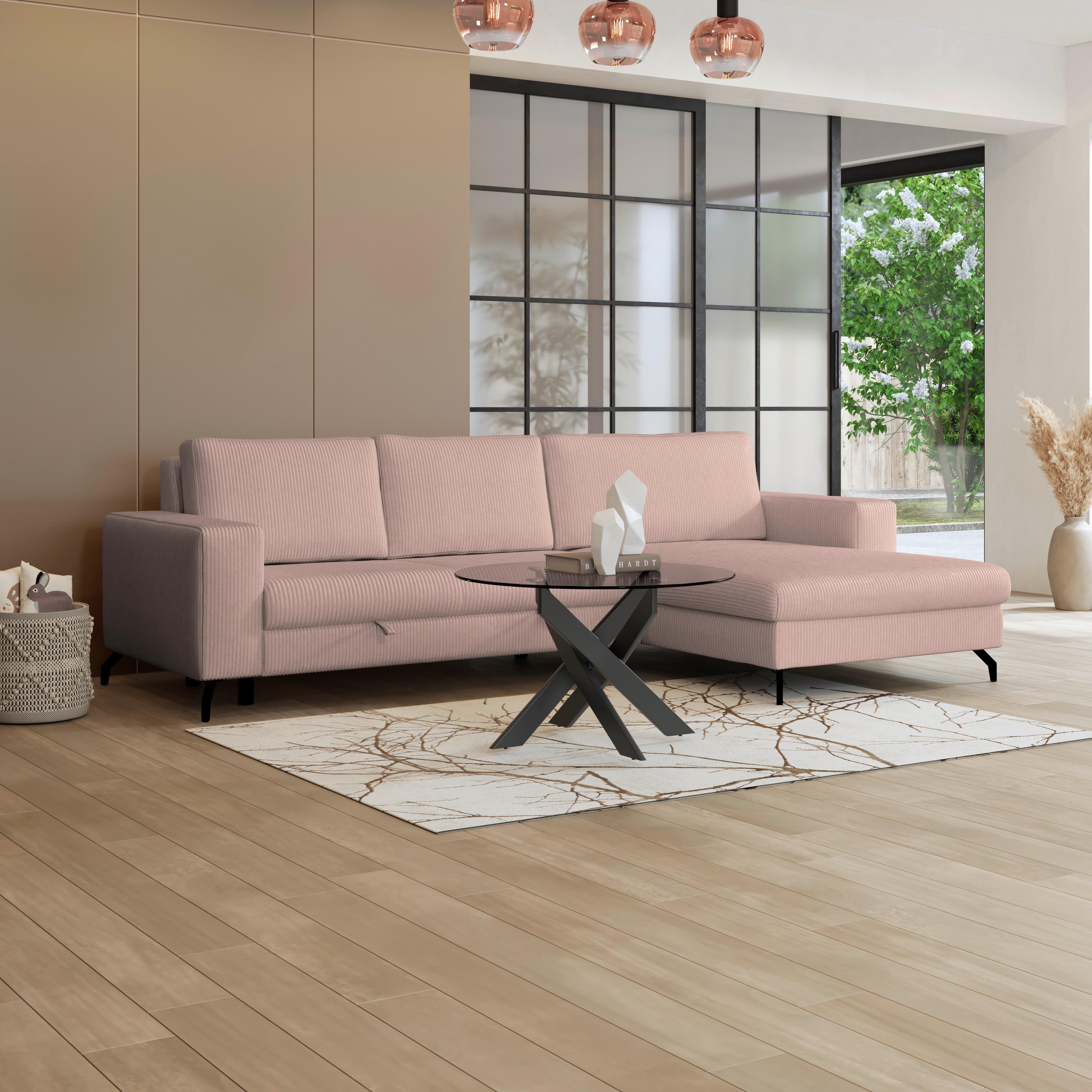 Ecksofa mit Bettkasten Cloud Rosa Cord 290x178 cm - Rosa, Trend, Textil (290/178cm)