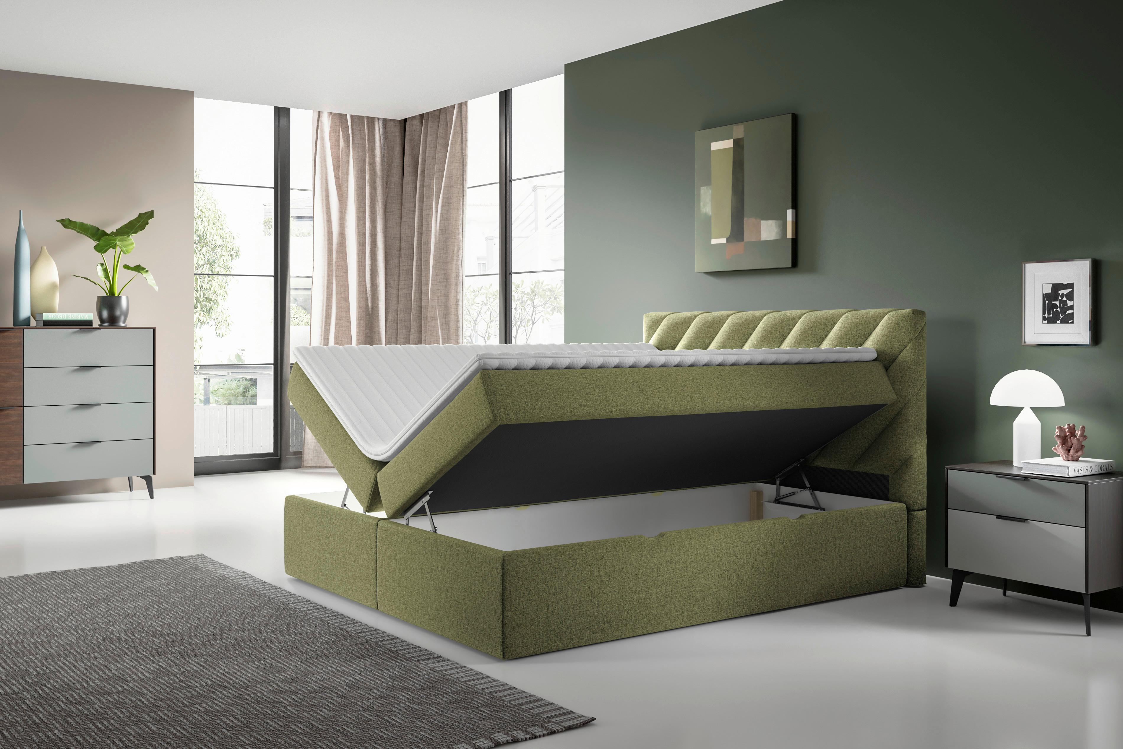 Boxspringbett mit Topper & Bettkasten 160x200 cm Gusto - Schwarz/Grün, MODERN, Textil (160/200cm) - MID.YOU