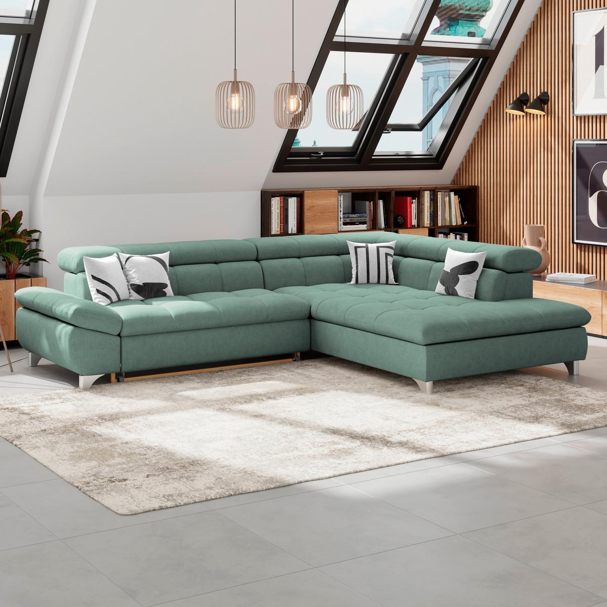 Ecksofa Mit Schlaffunktion Gemini Grün 312x234 Cm - Chromfarben/Dunkelgrün, KONVENTIONELL, Textil (312/234cm)