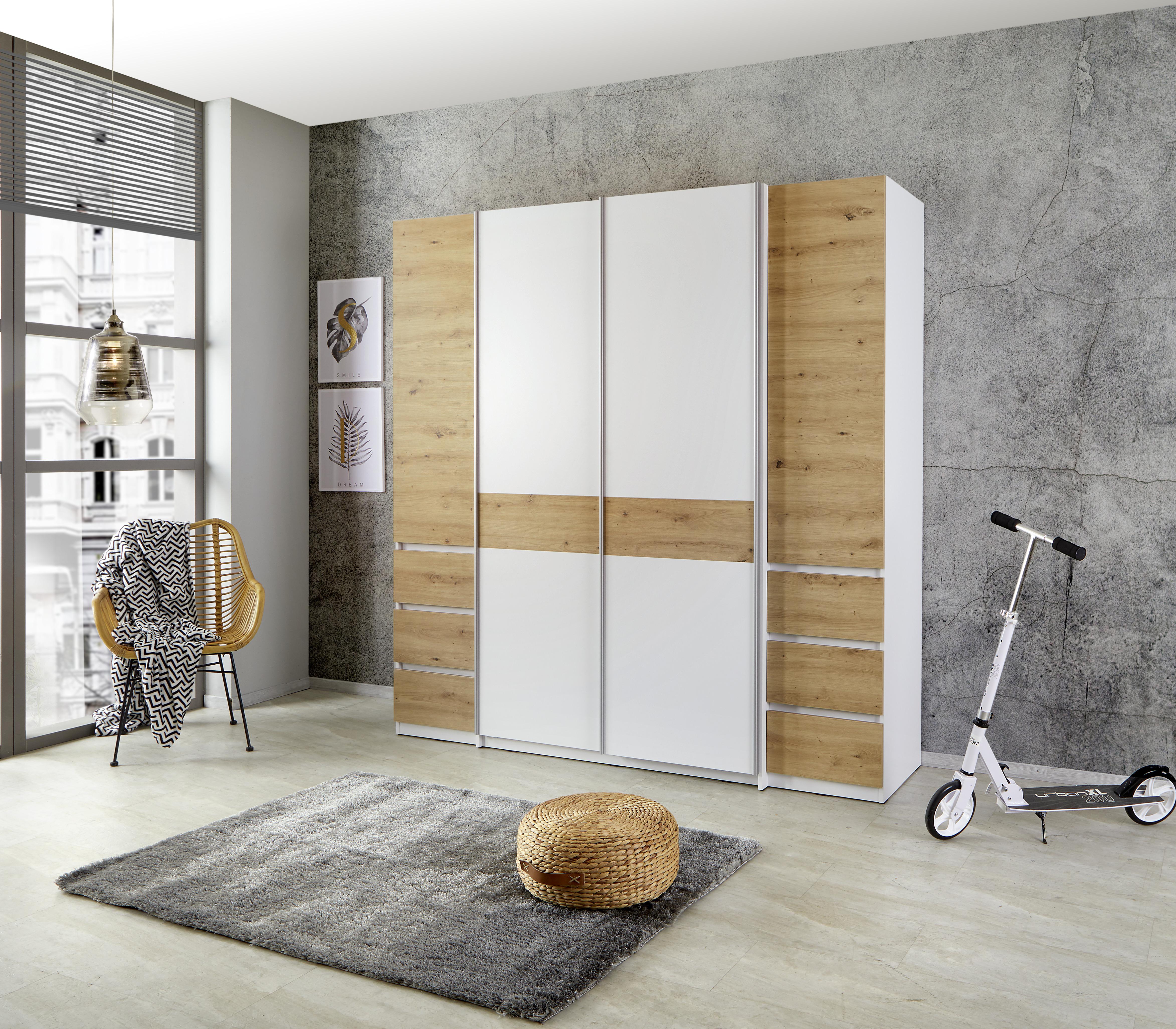 Drehtürenschrank mit Laden 215cm Fabio, Eiche Dekor/Weiß - Eichefarben/Weiß, KONVENTIONELL, Holzwerkstoff (215/215/62cm)