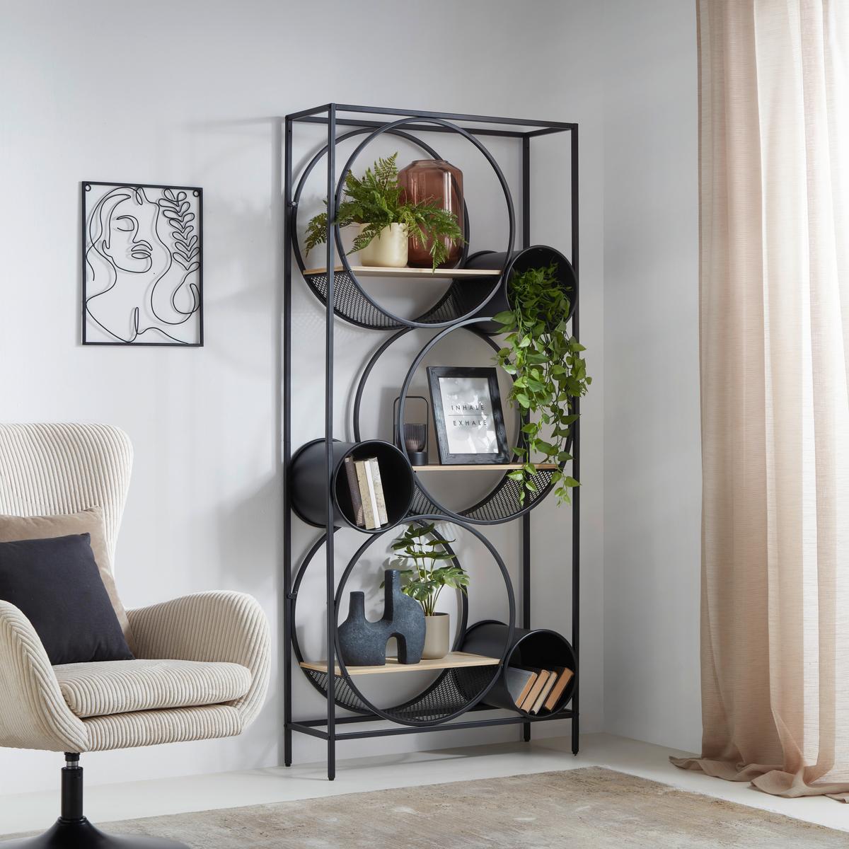 Regál CIRCLE čierna/prírodná - čierna/prírodná farba, Modern, kov/kompozitné drevo (84/186/30cm) - Premium Living