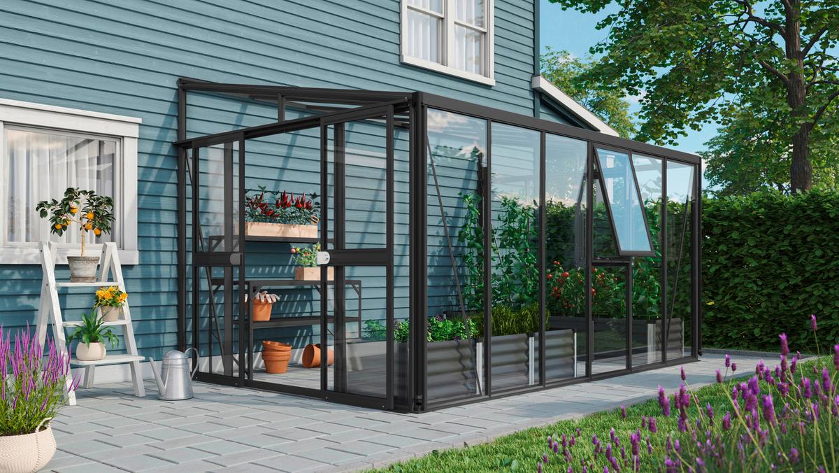 Anlehn-Gewächshausbausatz Athena 10200 10,2 M2 - Schwarz, Basics, Glas/Kunststoff (265,89/238,8/397,2cm)