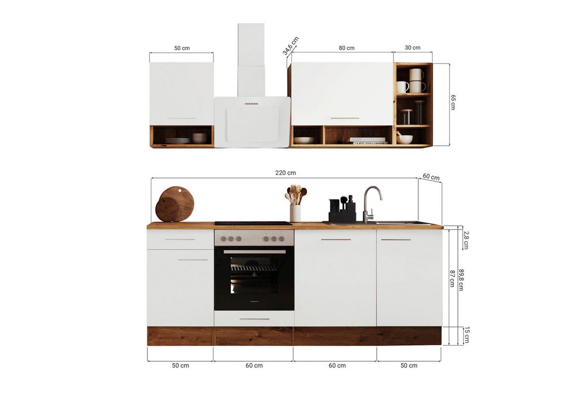 Küchenzeile Mit Geräten B: 220 Cm Eichefarben/weiß - Eichefarben/Weiß, MODERN, Holzwerkstoff (220cm) - Respekta