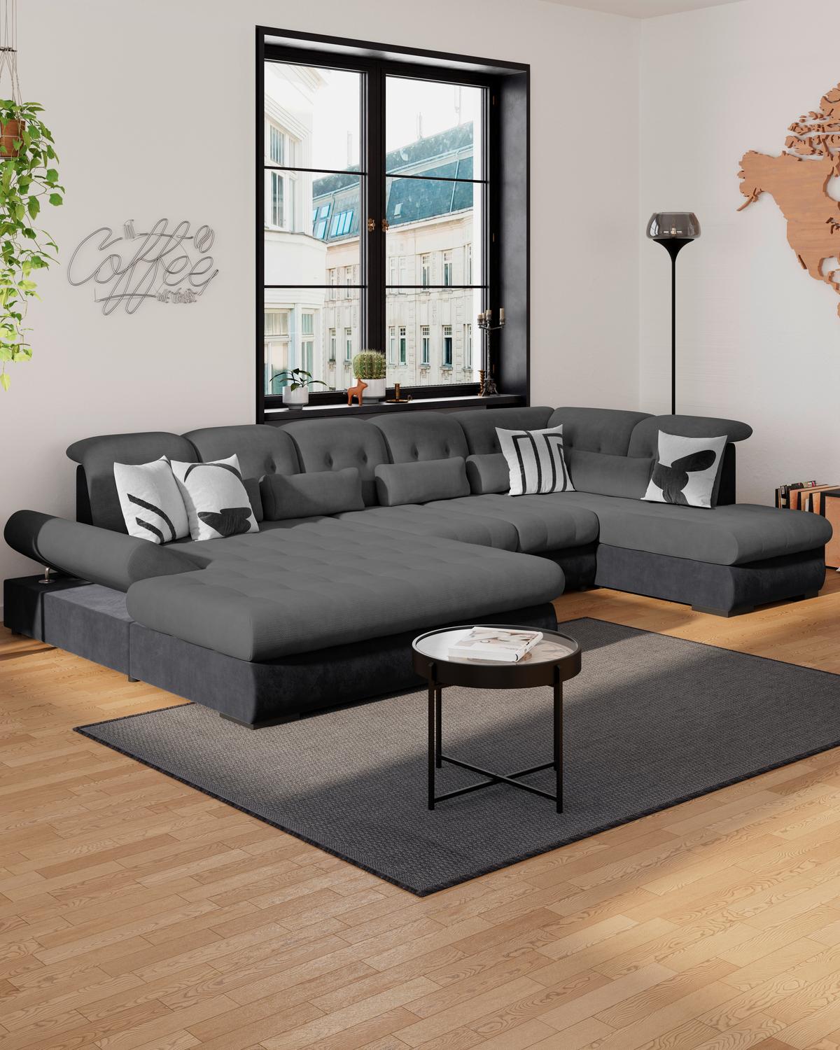 Wohnlandschaft Madera Anthrazit B: 358 cm - Anthrazit/Schwarz, KONVENTIONELL, Kunststoff/Textil (190/358/212cm)