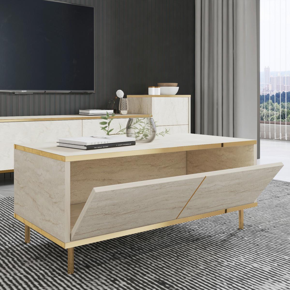 Couchtisch Imaj Goldfarben/beige B: 90 Cm - Beige/Goldfarben, Design, Holzwerkstoff/Metall (90/45/40cm) - Livetastic