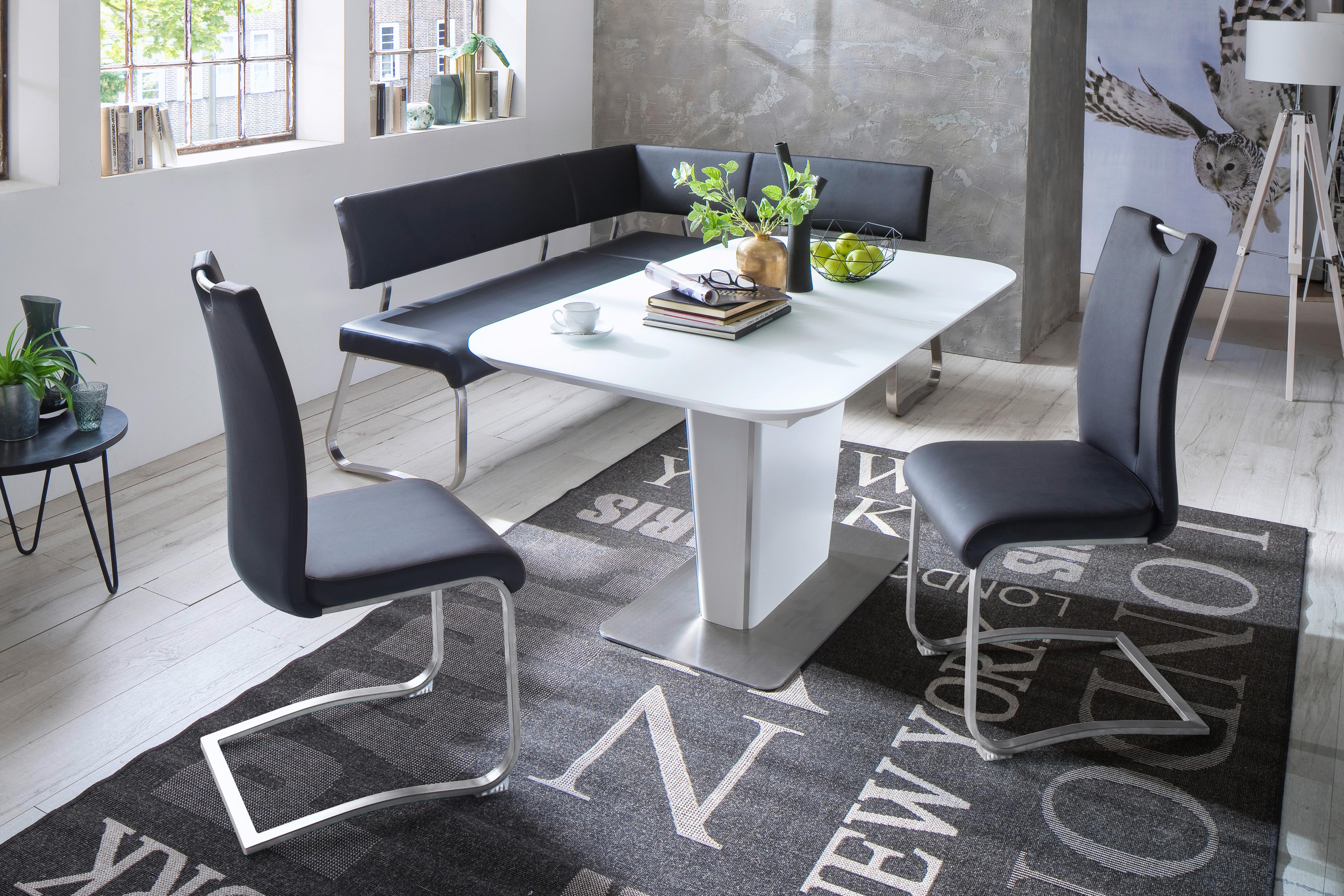 Eckbank Schwarz Echtleder Arco 200x150 cm - Edelstahlfarben/Schwarz, Design, Leder/Metall (200/150cm) - Livetastic